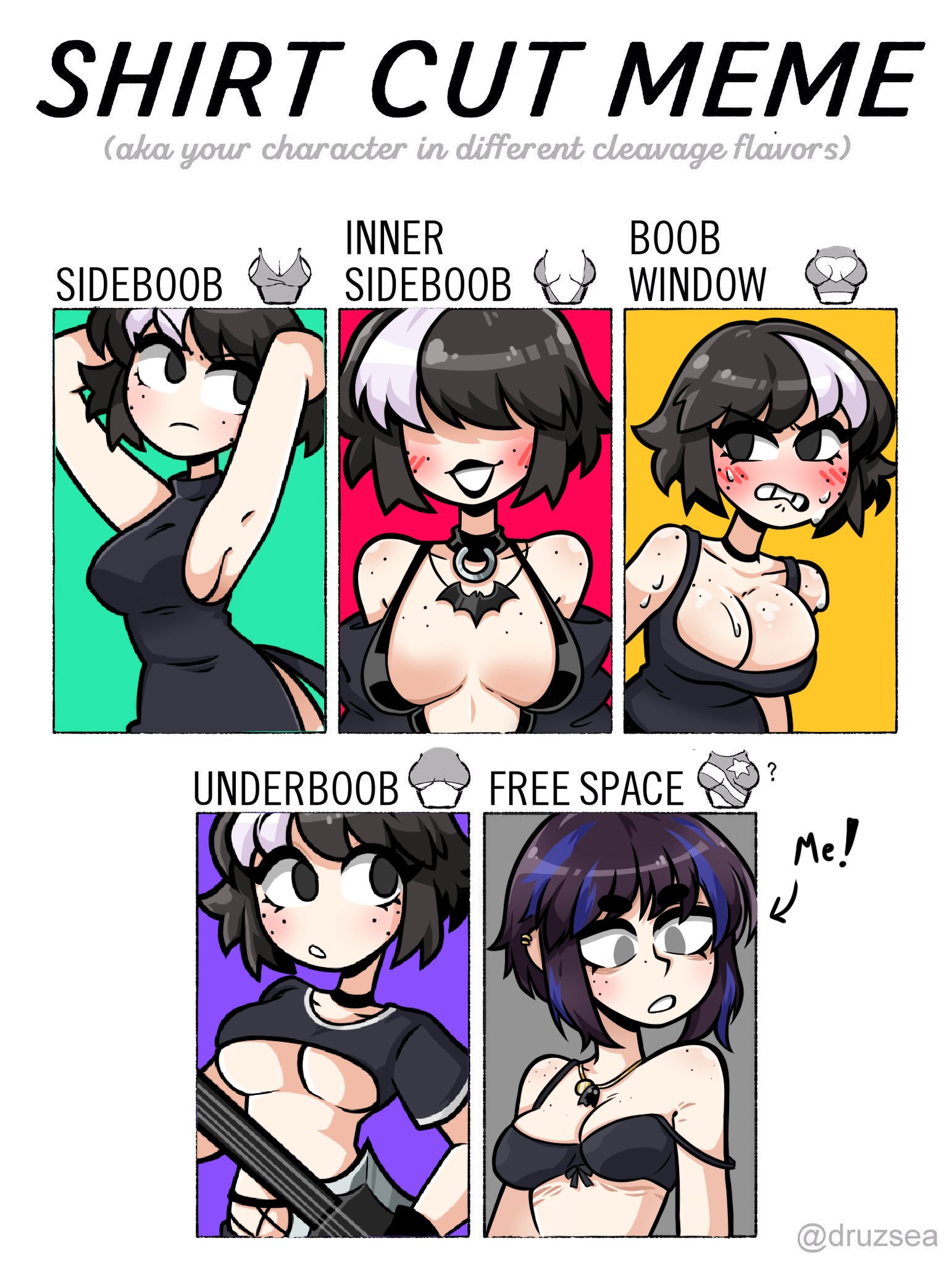 armpits, artist self-insert, bare shoulders, big breasts, black lipstick, blush, boob window, bra, breasts, cleavage, dress, female, freckles, goth, inner sideboob, jennlumm, lumina (jennlumm), shirt cut meme, sideboob, underboob