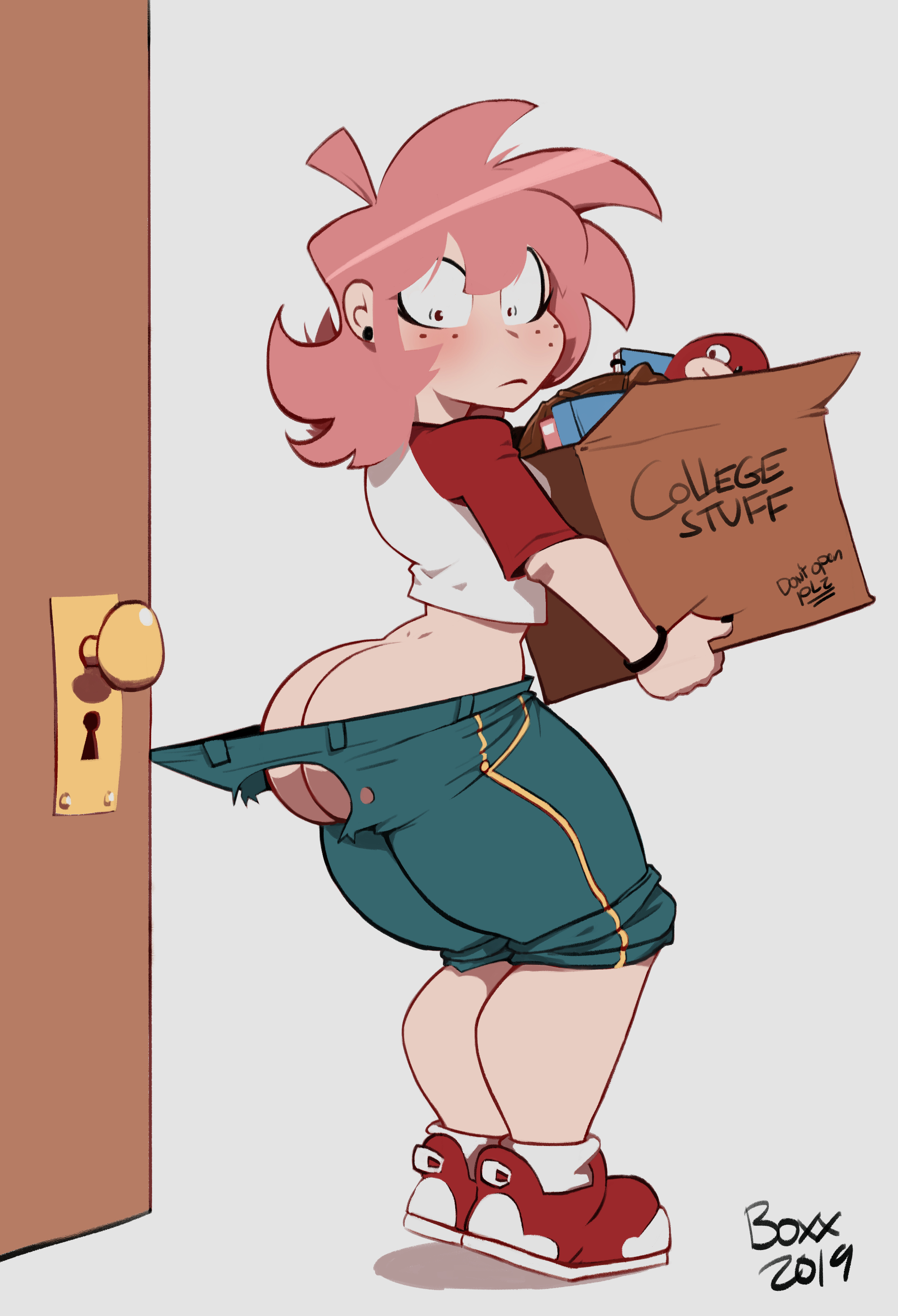 1girls, ass, big ass, big butt, boxx wrench, debby (boxx wrench), embarrassed, female, female only, huge ass, huge butt, light skin, light-skinned female, original, original character, pink hair, torn clothes, wardrobe malfunction