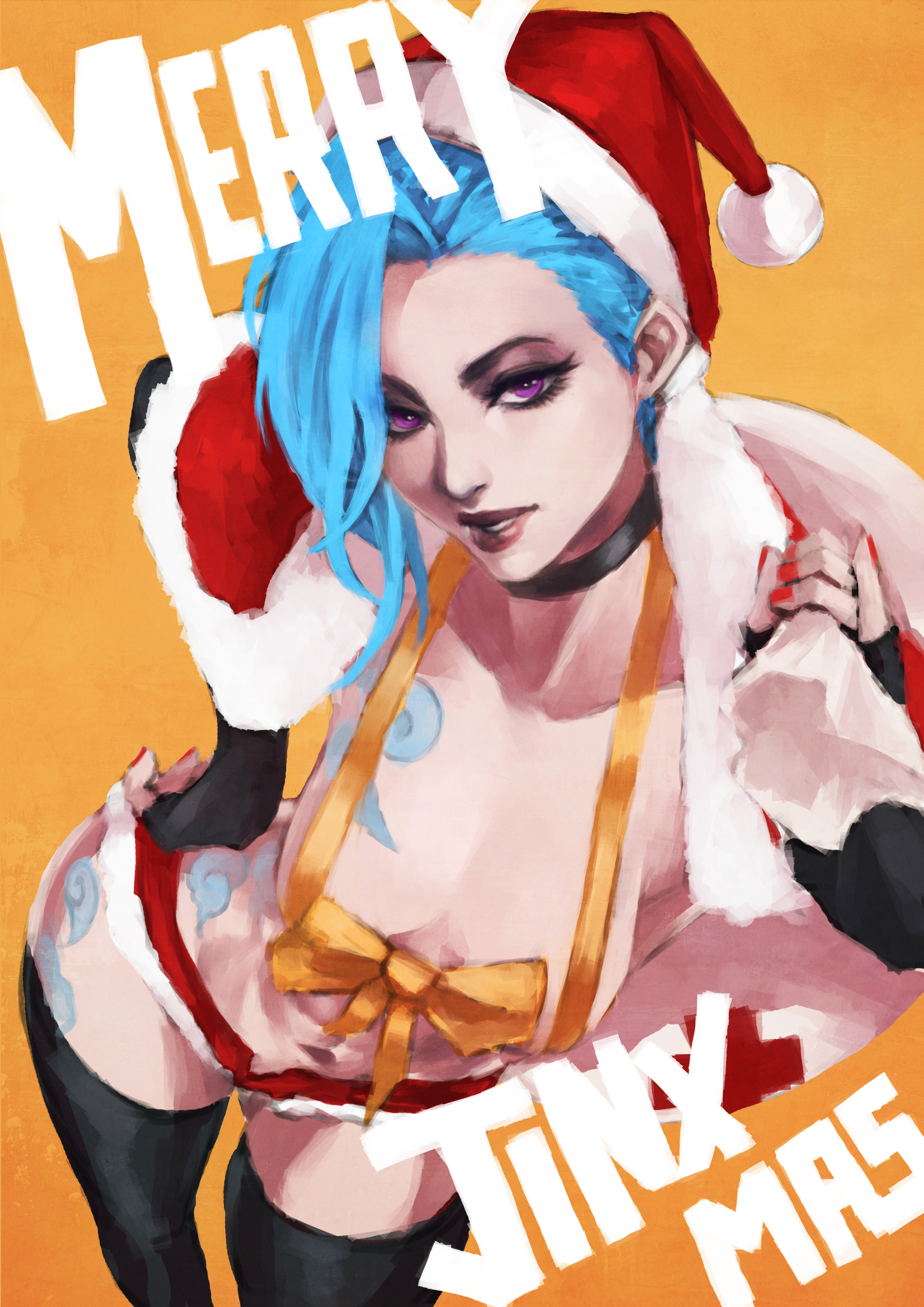 blue hair, bow, female, hand on hip, jinx (league of legends), league of legends, leaning forward, looking at viewer, monorirogue, purple eyes, santa hat, seductive