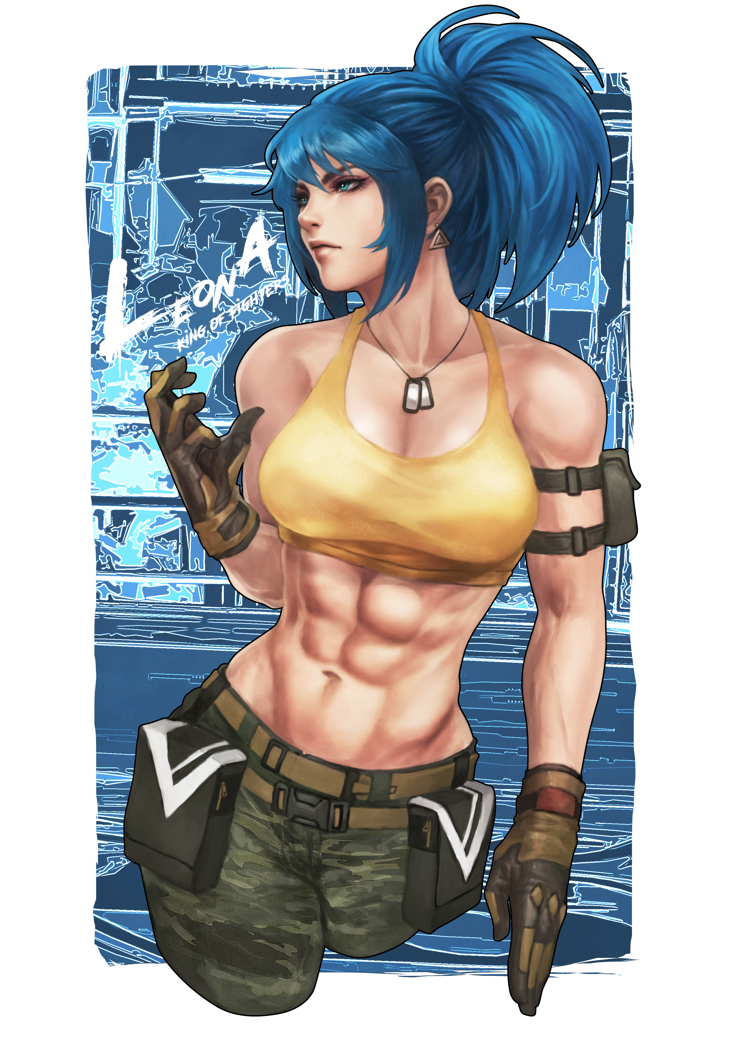 1girls, abs, blue hair, dog tags, female, female only, fully clothed, king of fighters, leona heidern, looking away, military, monorirogue, ponytail, solo