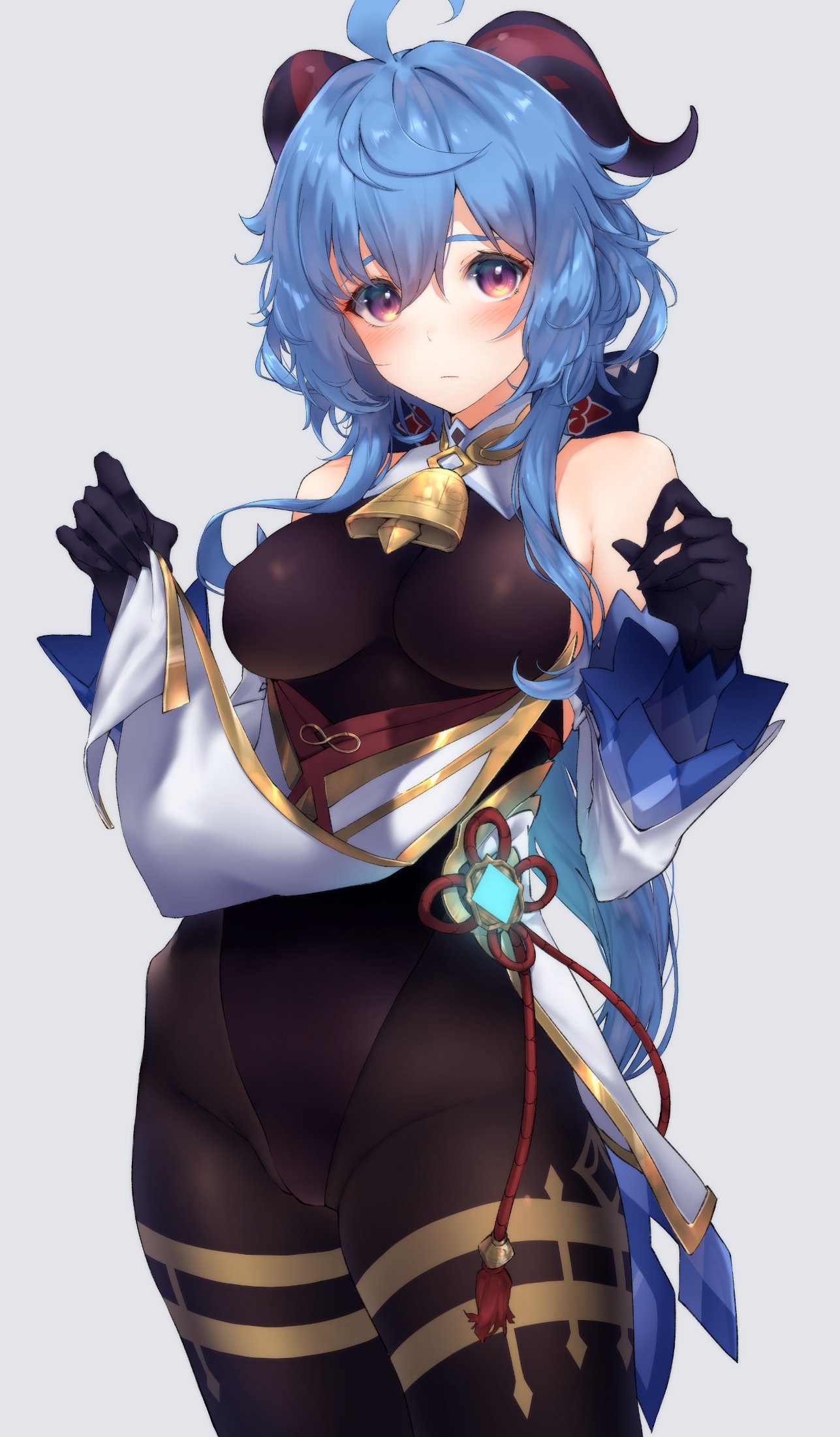 blue hair, cameltoe, female, female only, ganyu (genshin impact), genshin impact, gloves, hechi (hechi322), horns, lifting clothing, looking at viewer, pussy, rosy cheeks, solo female, visible nipples