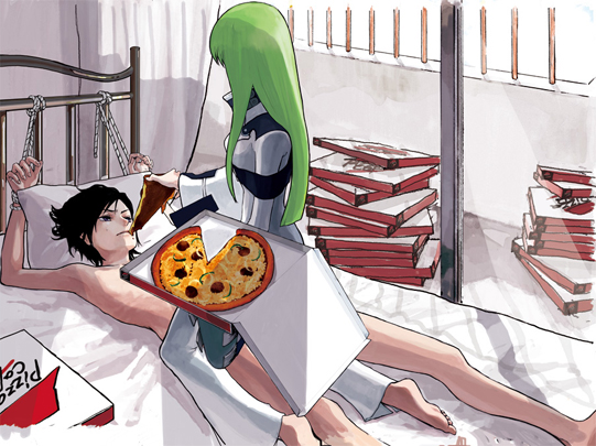 1boy, 1girls, aturou0129, bed, bondage, bound, bound wrists, c.c., clothed female, clothed female nude male, code geass, cowgirl position, female, femdom, food, force feeding, green hair, lelouch lamperouge, long hair, male, malesub, nude, nude male, pizza, pizza box, pizza hut, reverse rape, slave, straight