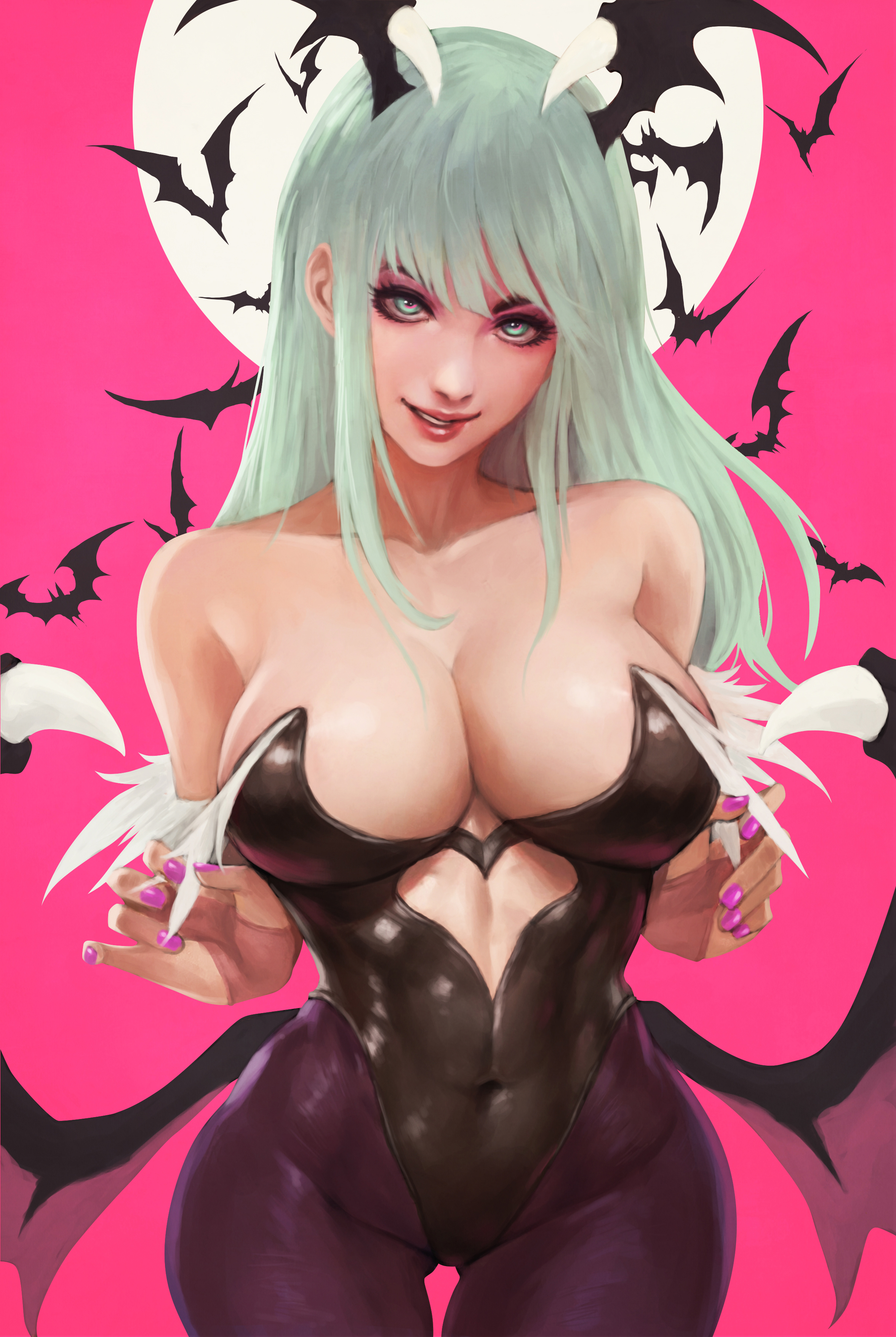 1girls, 2021, abs, absurd res, bangs, bare shoulders, bat, bat wings, big breasts, blue eyes, blue hair, breasts, cleavage, clothing, darkstalkers, demon, demon girl, demon wings, eyelashes, female, female only, fully clothed, green hair, head wings, hi res, large breasts, leotard, long hair, looking at viewer, makeup, medium breasts, monorirogue, morrigan aensland, navel, navel visible through clothes, pink nails, seductive, seductive smile, smile, smiling, solo, stockings, succubus, thick thighs, thigh gap, thighs, wings