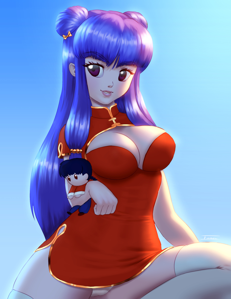 blue_hair breasts cleavage dress exael long_hair panties purple_eyes ranma_1/2 shampoo_(ranma_1/2) short_dress skindentation tagme thighhighs white_panties