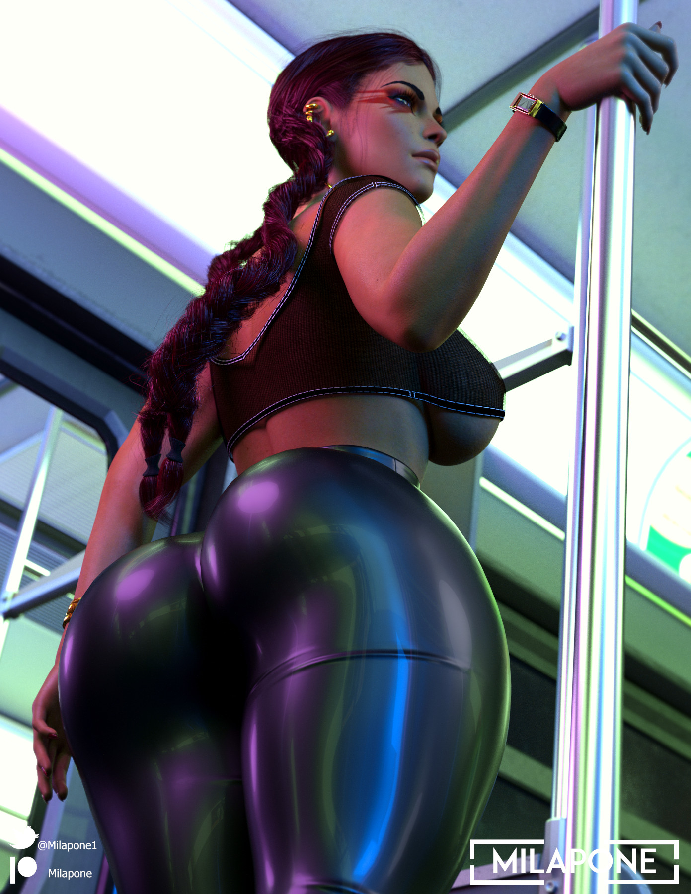 1girls, 3d, apex legends, ass, back view, backboob, big ass, breasts, bursting breasts, clothed, female, female only, huge ass, large breasts, leggings, loba (apex legends), long hair, milapone, ponytail, shiny, solo, subway, thick thighs, tight clothing, tight pants, train, underboob
