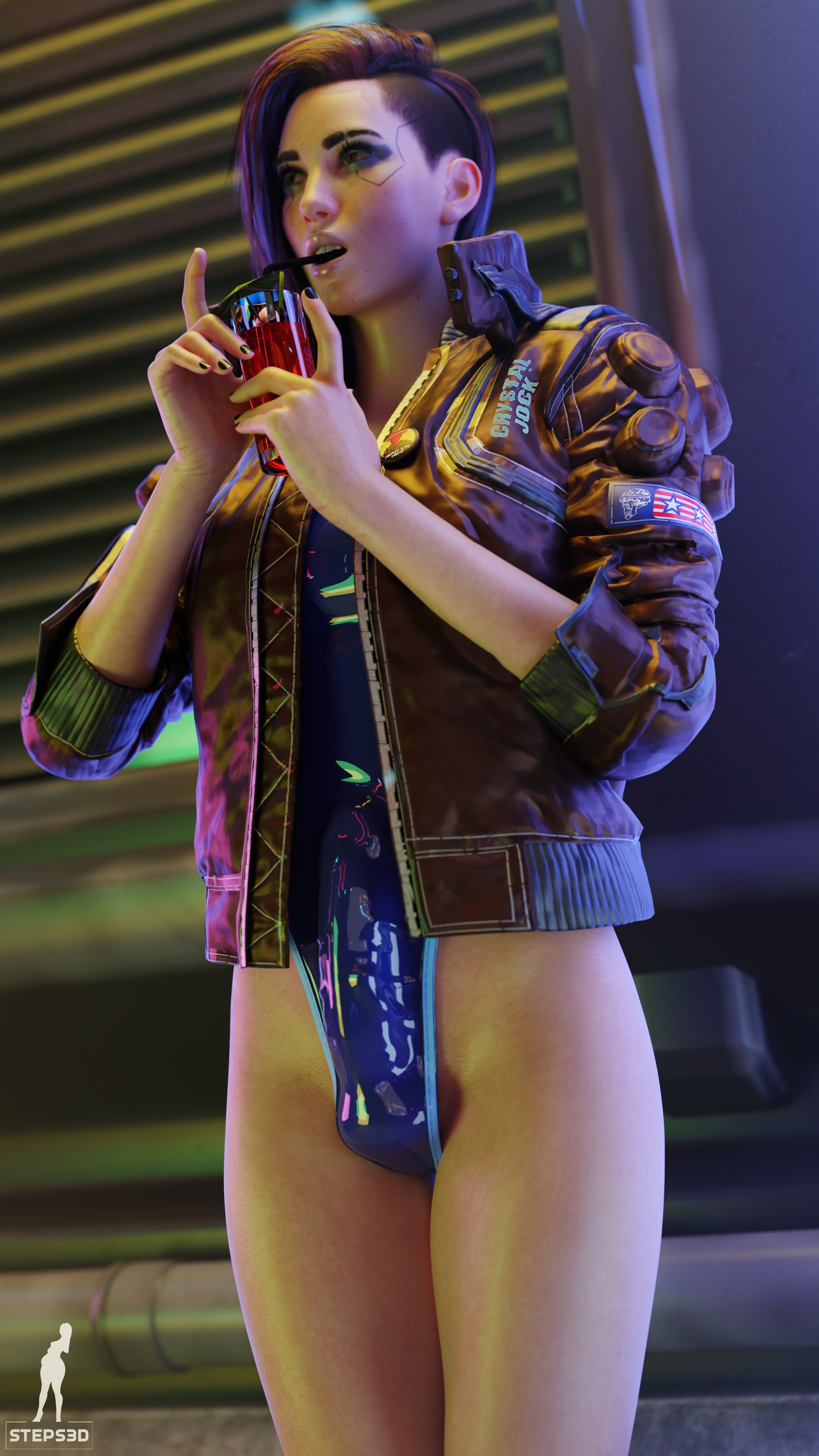 1futa, 3d, blender, brown hair, bulge, cameltail, cd projekt red, cyberpunk 2077, detailed bulge, erection under clothes, female, futa only, futanari, intersex, light skin, light-skinned futa, looking away, pinup, punk, revealing clothes, short hair, skimpy, skimpy clothes, solo, solo female, solo futa, standing, steps3d, v (cyberpunk 2077), valerie (cyberpunk 2077)