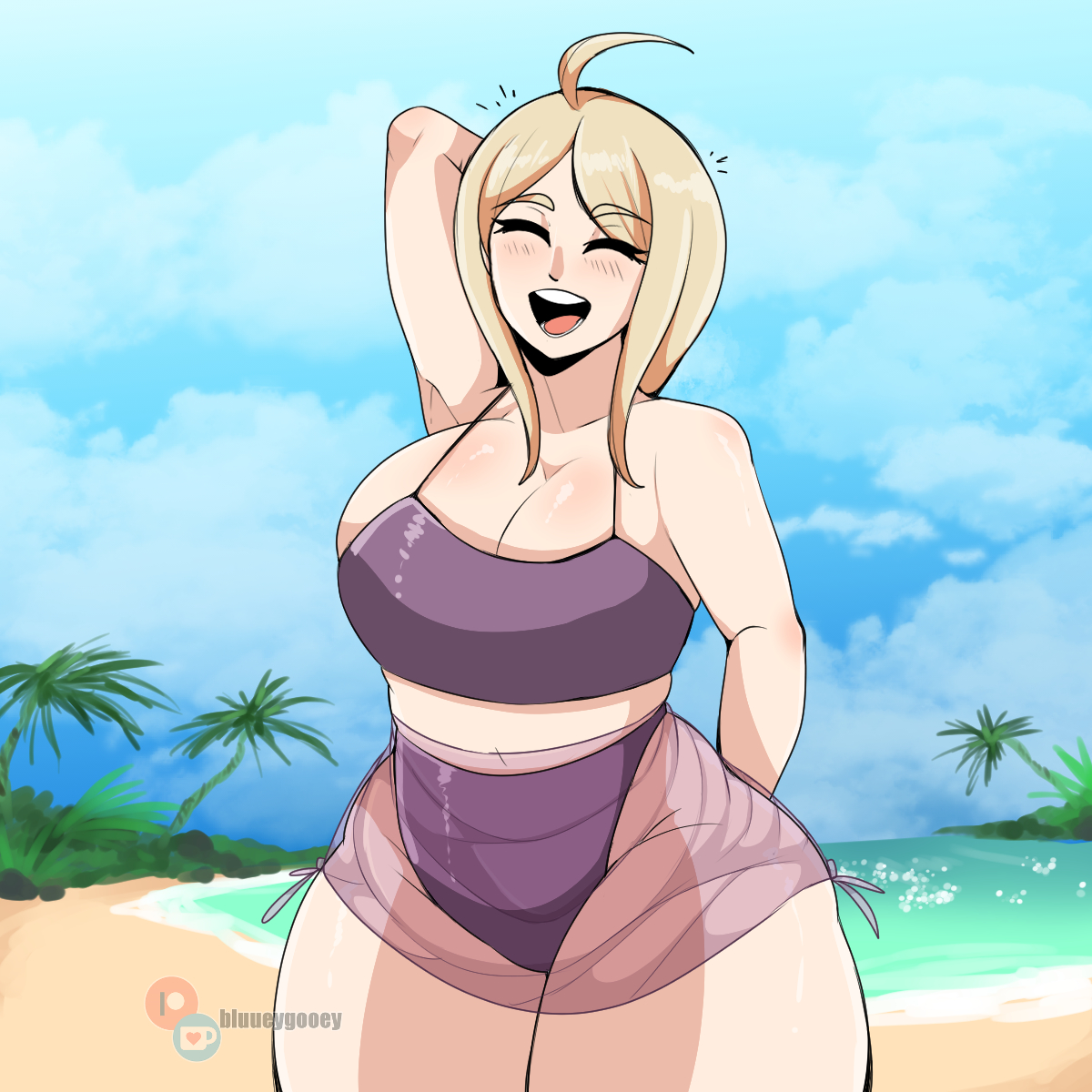 1girls, ahoge, akamatsu kaede, alternate breast size, alternate version available, beach, big breasts, bikini, blonde hair, bluueygooey, breasts, danganronpa, danganronpa v3, female, female focus, female only, huge breasts, large breasts, new danganronpa v3, straight hair, swimsuit, swimwear, thick thighs, thighs