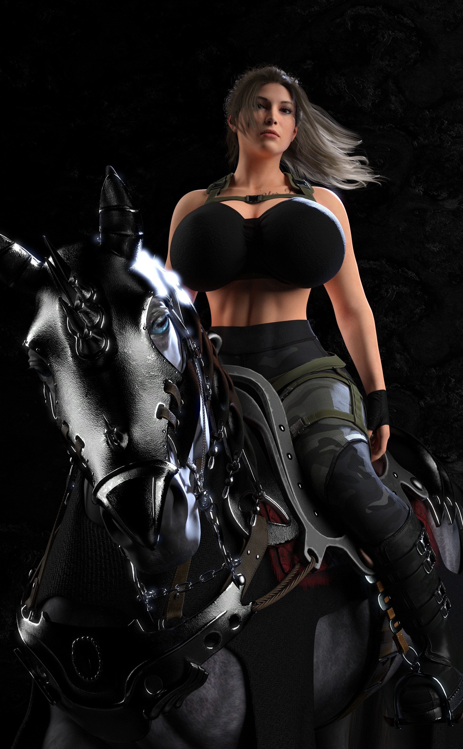 3d, 3d (artwork), armor, army, ass, background, big ass, big breasts, big butt, boots, bra, breasts, clothing, daz studio, equine, female, female focus, female on feral, gloves, horse, horseback riding, human, lara croft, lara croft (survivor), large ass, large breasts, leggings, long hair, looking at viewer, metal 01, muscular, muscular female, nonsexual, pale skin, ponytail, riding, tactical, tomb raider, tomb raider (survivor)