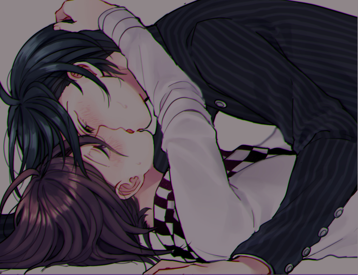2boys, blue hair, blush, checkered, clothed, clothing, danganronpa, danganronpa v3, gay, hand on head, kissing, light skin, light-skinned male, looking at another, male, male only, male/male, on back, on top, open eyes, ouma kokichi, pale skin, pale-skinned male, purple hair, romantic, saihara shuuichi, side view, straight hair, yaoi