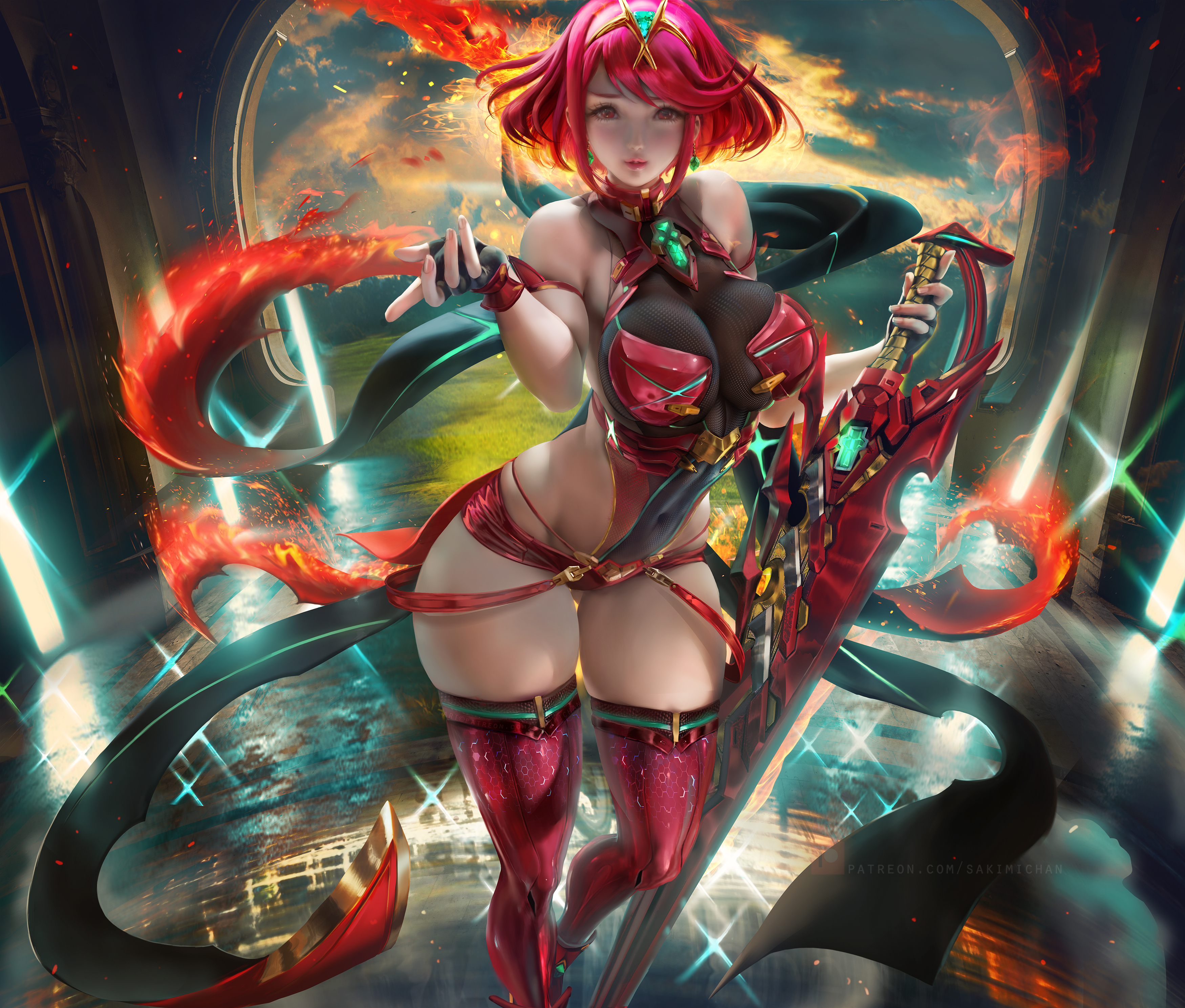 1girls, ass, breasts, female, hips, one-piece swimsuit, pyra, red hair, sakimichan, swimsuit, tagme, thick thighs, wide hips, xenoblade (series), xenoblade chronicles 2