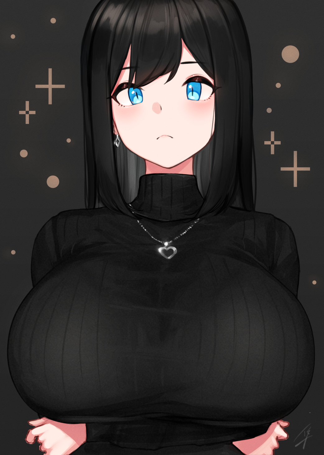 1girls 2020 black_hair black_sweater blue-eyed_girl_(hayabusa) blue_eyes breast_hold breasts clothed clothing crossed_arms earrings eyebrows_visible_through_hair female female_only fully_clothed grey_background hayabusa heart heart_necklace highres huge_breasts jewelry long_hair looking_at_viewer necklace original ribbed_sweater signature simple_background solo sparkle sweater turtleneck turtleneck_sweater