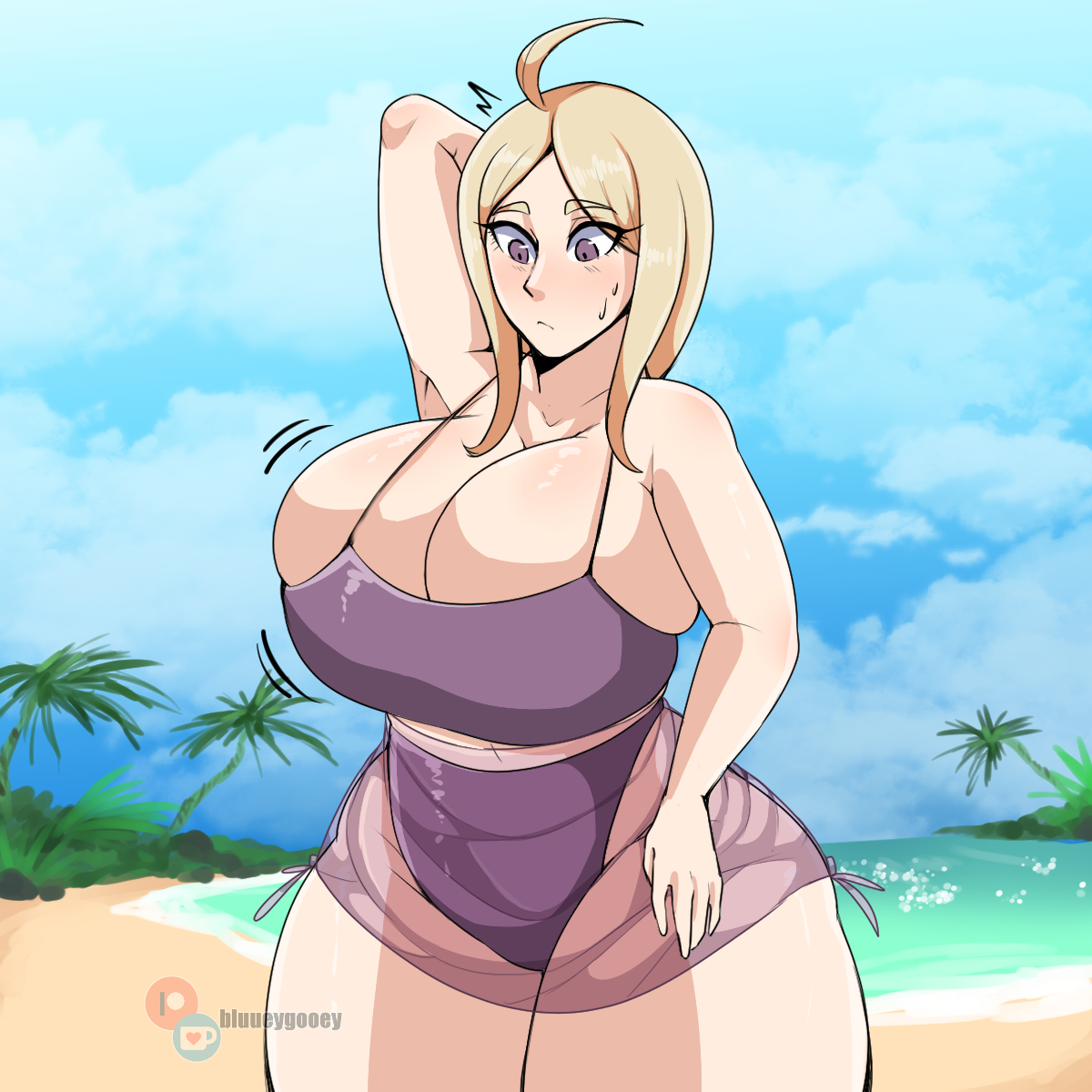 1girls, ahoge, akamatsu kaede, alternate version available, armpits, ass, bare shoulders, beach, big ass, big breasts, big butt, bikini, blonde hair, bluueygooey, breast expansion, breast growth, breast growth (enlargement), breasts, danganronpa, danganronpa v3, expansion, female, female focus, female only, growth, hips, huge ass, huge breasts, huge butt, large ass, large breasts, large butt, looking at breasts, looking down, new danganronpa v3, solo, solo female, straight hair, swimsuit, swimwear, thick, thick ass, thick thighs, thighs, top heavy, wide hips