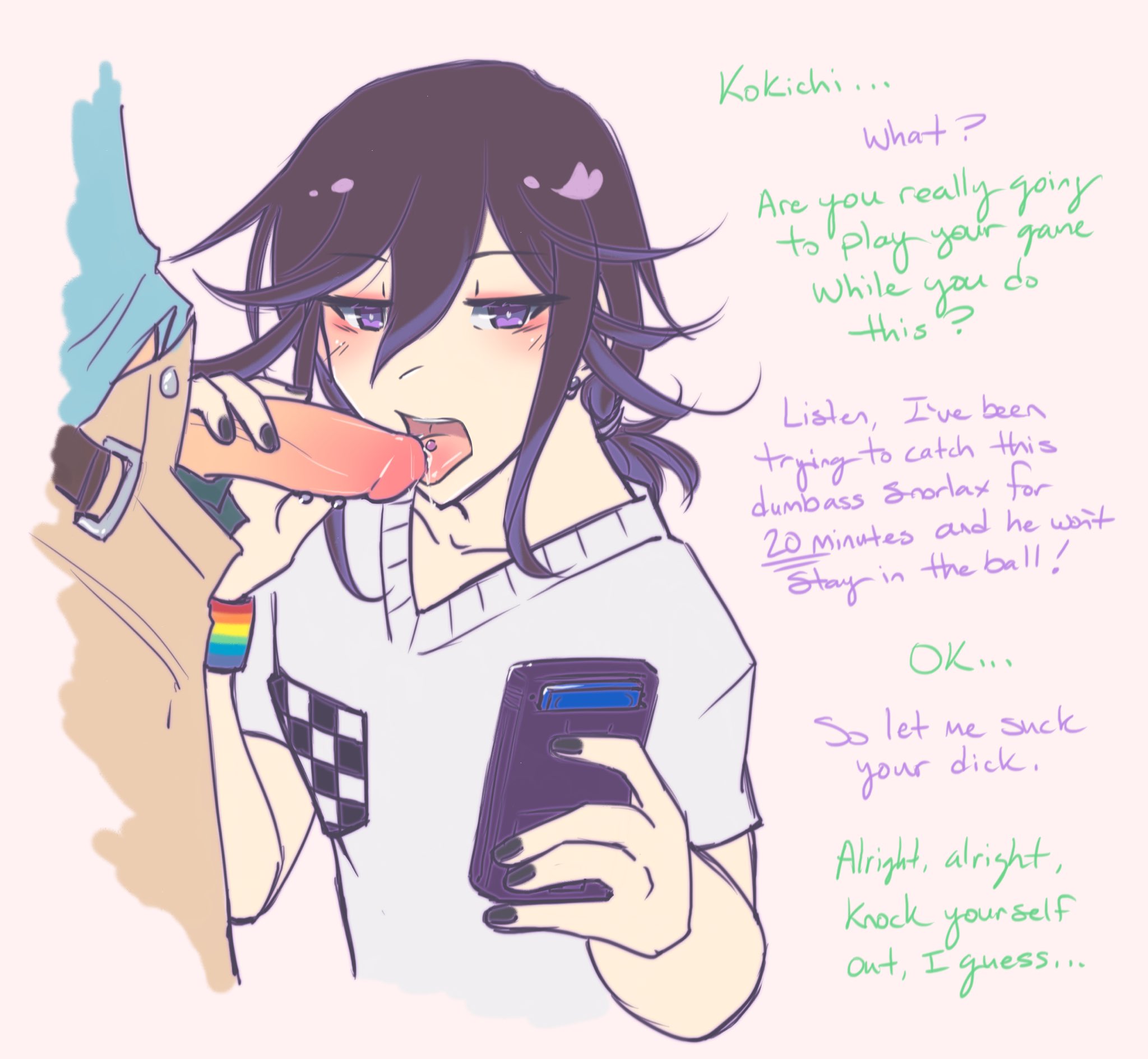 2boys, blowjob, casual, casual exposure, casual nudity, casual sex, danganronpa, danganronpa v3, dialogue, distracted, english text, fellatio, femboy, gay, light skin, light-skinned male, male, male focus, male only, male/male, metalljellyfish, on phone, oral, oral sex, ouma kokichi, painted nails, pale skin, phone, piercing, purple eyes, purple hair, rainbow flag, rainbow pride colors, rantaro amami, solo focus, straight hair, tagme, text, tongue, trap, yaoi