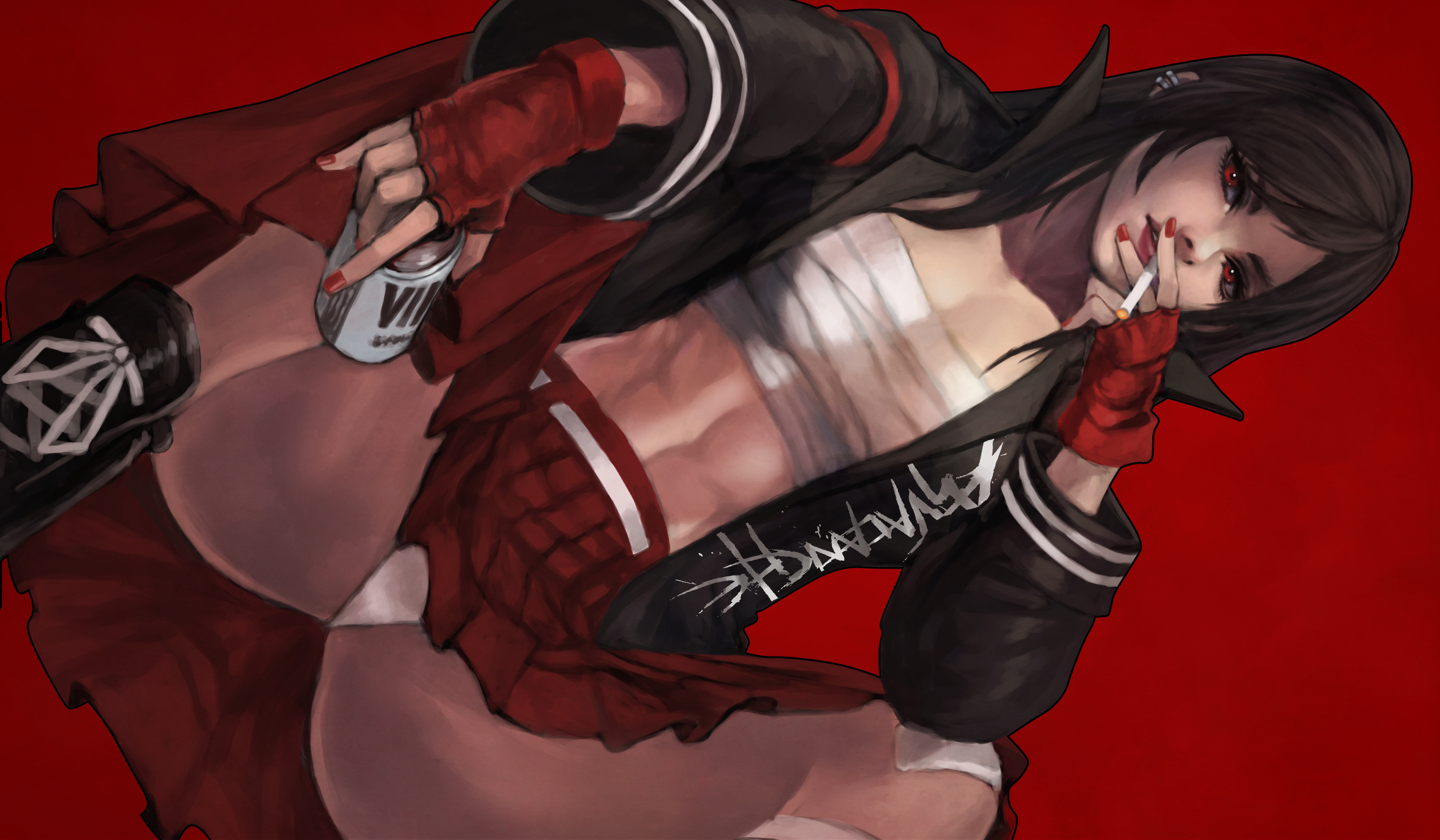 female, final fantasy, final fantasy vii, jacket, monorirogue, red eyes, smoking, sukeban, tifa lockhart