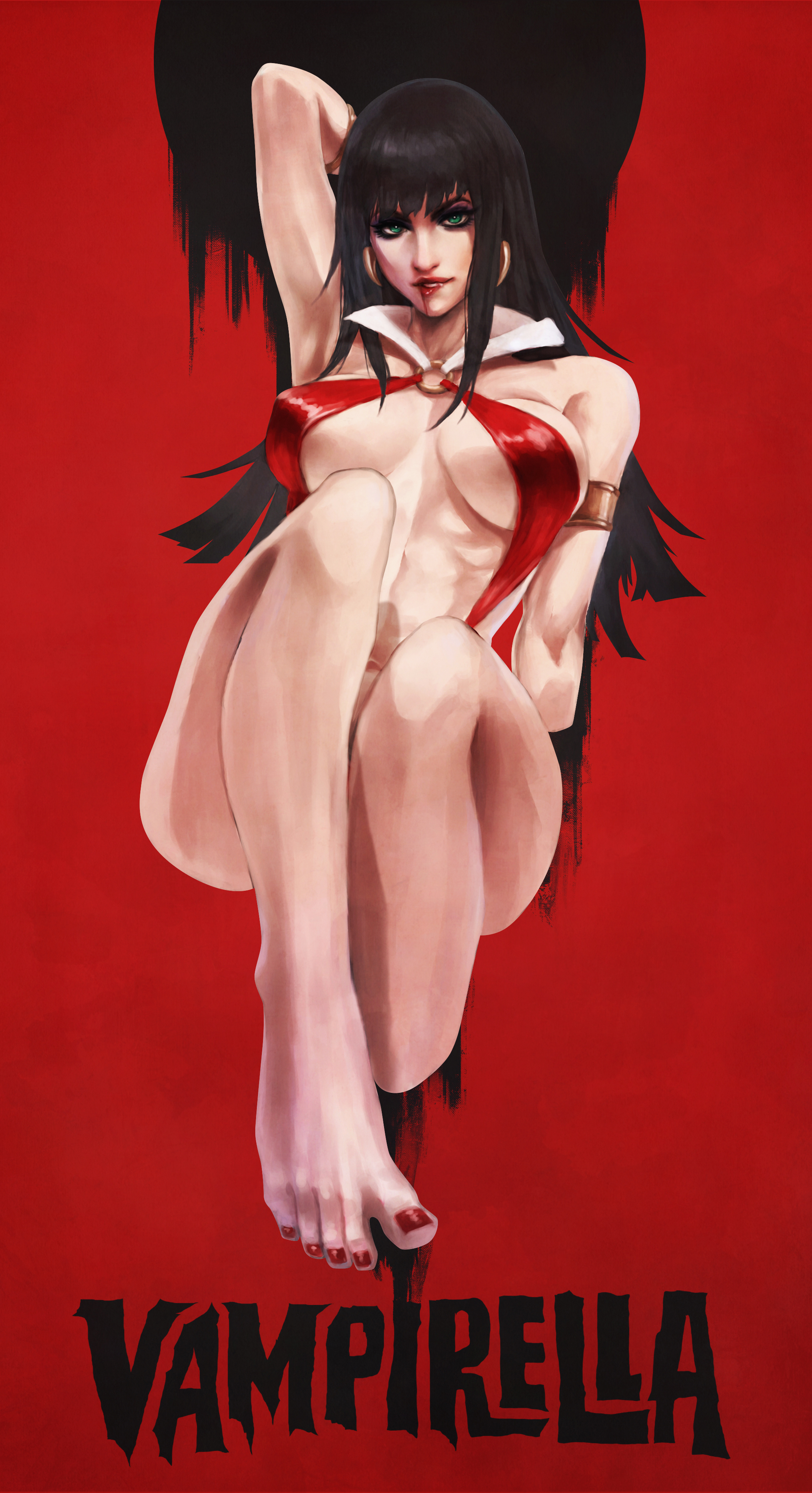 1girls, abs, absurd res, barefoot, black hair, blood, feet, female, green eyes, hi res, hoop earrings, looking at viewer, monorirogue, nail polish, presenting feet, red toenails, sling bikini, vampire, vampirella, vampirella (series)