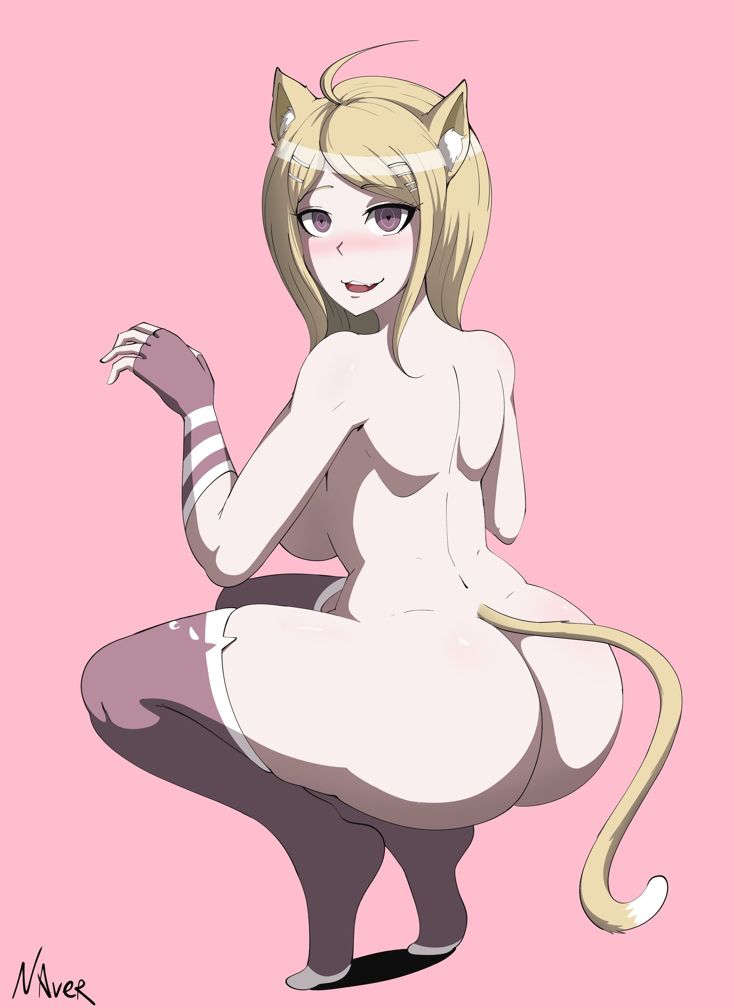 1girls, akamatsu kaede, alternate version available, animal ears, ass, ass focus, big ass, blonde hair, breasts, cat ears, cat girl, cat tail, catgirl, danganronpa, danganronpa v3, female, female focus, female only, naver, nekomimi, new danganronpa v3, purple eyes, stockings, straight hair, tail