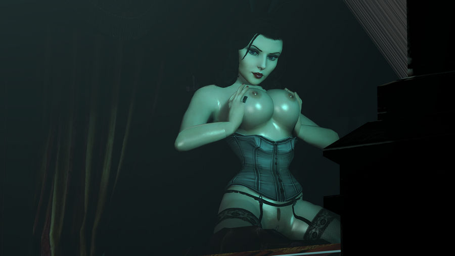 3d bioshock bioshock_infinite black_hair bottomless breast_press cleavage corset elizabeth_comstock full_cleavage kunaixx large_breasts lingerie lipstick long_hair pussy seductive stockings tagme