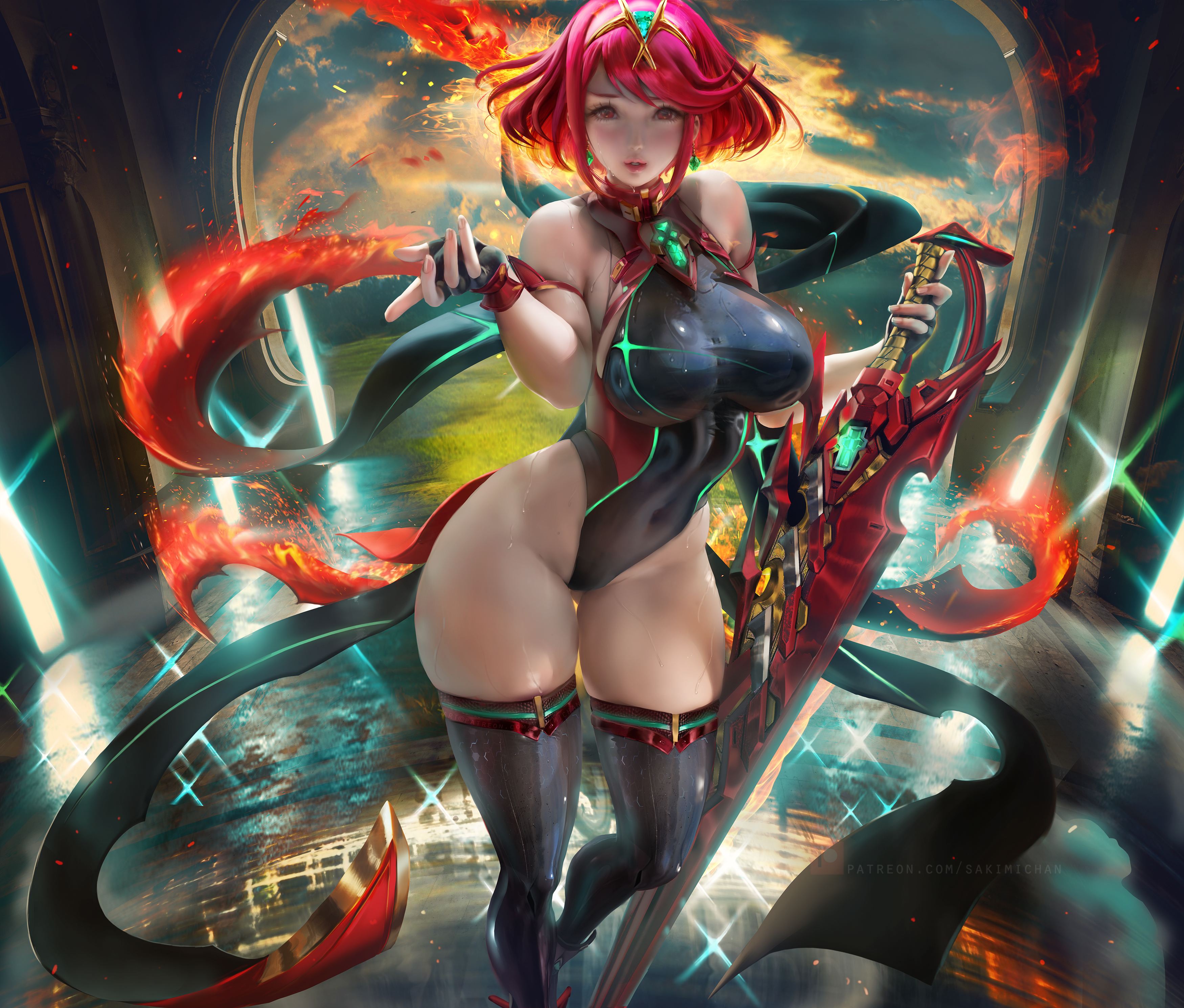 1girls, ass, breasts, female, hips, one-piece swimsuit, pyra, red hair, sakimichan, swimsuit, tagme, thick thighs, wide hips, xenoblade (series), xenoblade chronicles 2