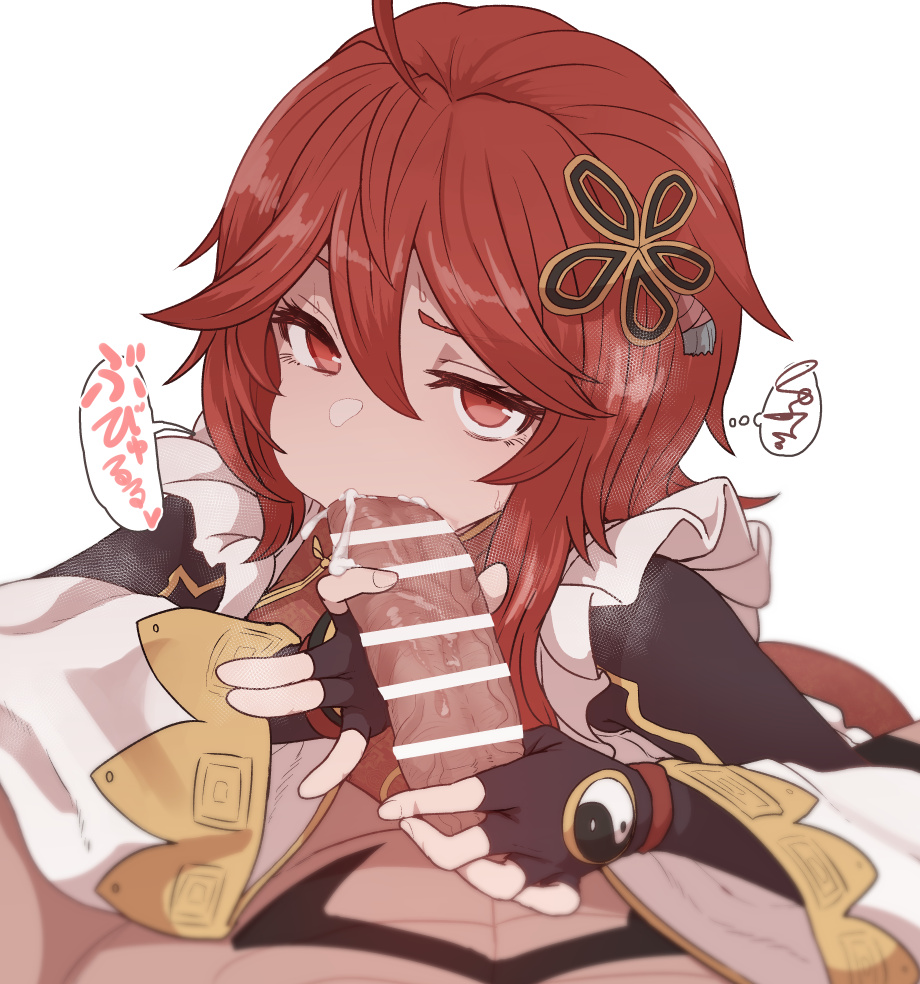 1boy ahoge amy_(megido72) bar_censor black_gloves censored cheek_bulge cum cum_in_mouth detached_sleeves fellatio female fingerless_gloves gloves hair_between_eyes hair_ornament long_hair long_sleeves looking_at_viewer megido72 oral pov pov_crotch red_eyes red_hair simple_background solomon_(megido72) spoken_squiggle squiggle straight sumiyao_(amam) tattoo white_background yin_yang