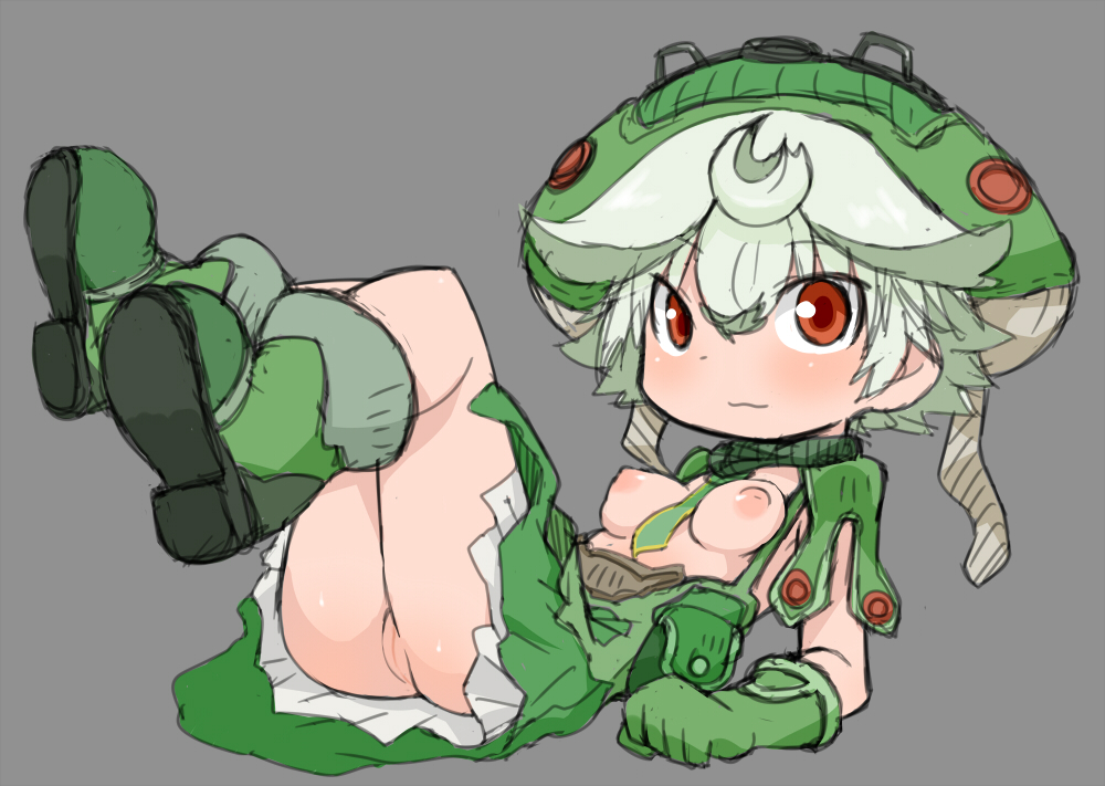 boots, breasts, clothing, female, female only, functionally nude, hat, legs up, looking at viewer, made in abyss, necktie, no panties, partially clothed, prushka, pussy, red eyes, solo, two-tone hair, uncensored, vagina