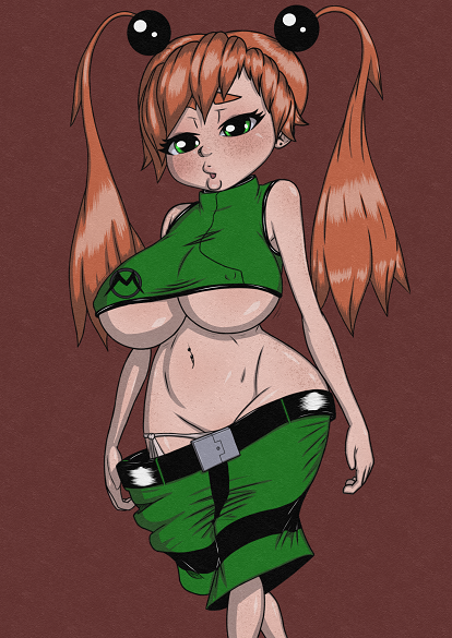 baggy_clothing belly belly_button blush body_freckles crop_top erika_luna female female_focus female_only freckles ginger green_eyes hair hair_bobbles hair_ornament half_mast huge_breasts large_breasts looking_at_viewer lowleg lowleg_panties navel navel_piercing nipple_bulge orange_hair pinup side-tie_panties sleeveless sleeveless_shirt solo solo_female solo_focus spectrum tank_top the_n35t twintails underboob voluptuous wide_hips