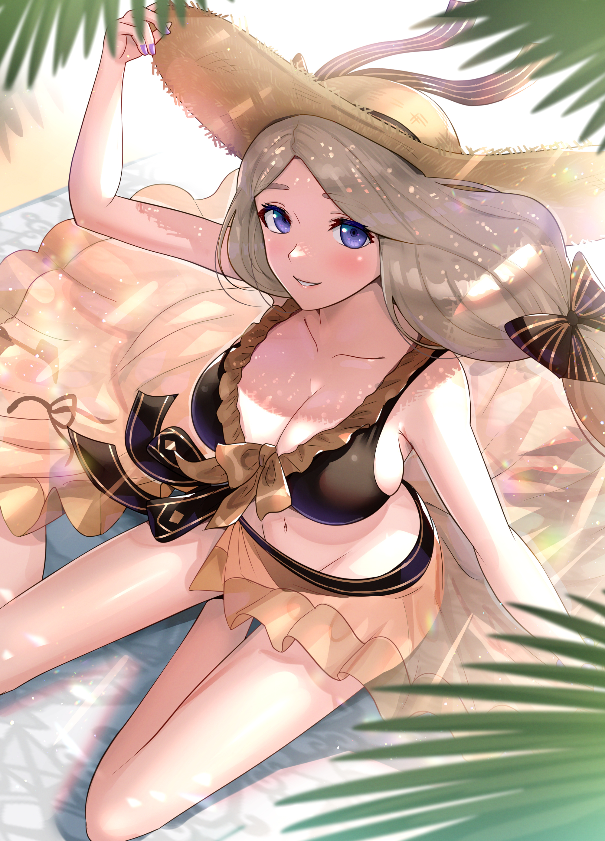 1girls, absurdres, alternate costume, beach, bikini, black bikini, black swimsuit, blonde hair, blue eyes, breasts, cleavage, collarbone, female, female only, fire emblem, fire emblem heroes, fire emblem: three houses, from above, gonzarez, hat, highres, large breasts, long hair, looking at viewer, looking up, mercedes von martritz, mercedes von martritz (summer), nail polish, navel, nintendo, official alternate costume, palm tree, purple nails, sarong, see-through, shade, side ponytail, sideboob, skindentation, smile, solo, sun hat, swimsuit, towel, tree