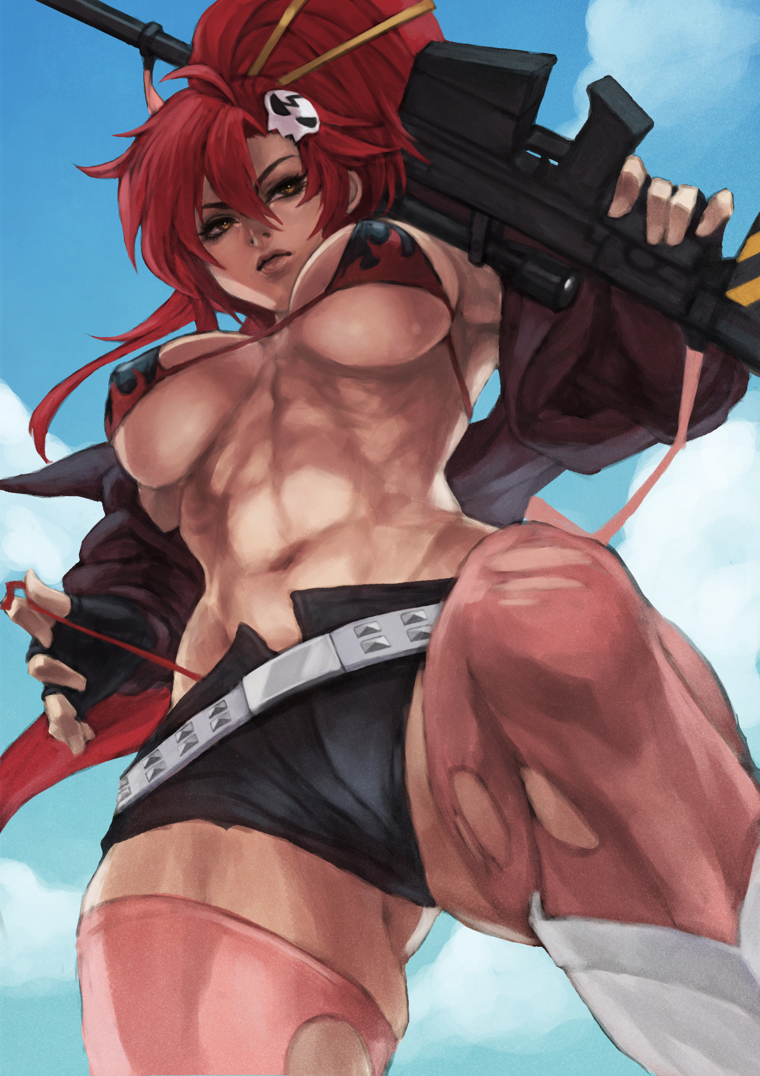 abs, female, gun, long hair, looking at viewer, monorirogue, red hair, solo, tengen toppa gurren lagann, weapon, yoko littner