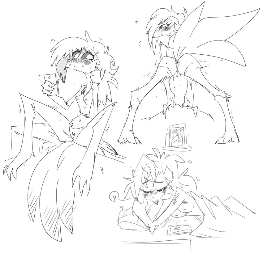 anthro, anus, avian, bed, bird, black and white, blush, bodily fluids, breasts, clothing, demon, feathers, female, fluffy, furniture, genitals, heart, helluva boss, hi res, mhdrawin, monochrome, nervous, non-mammal breasts, octavia (helluva boss), owl, owl demon, panties, phone, pussy, recording, simple background, sleeping, solo, spread legs, spreading, sweat, tail, tail feathers, underwear