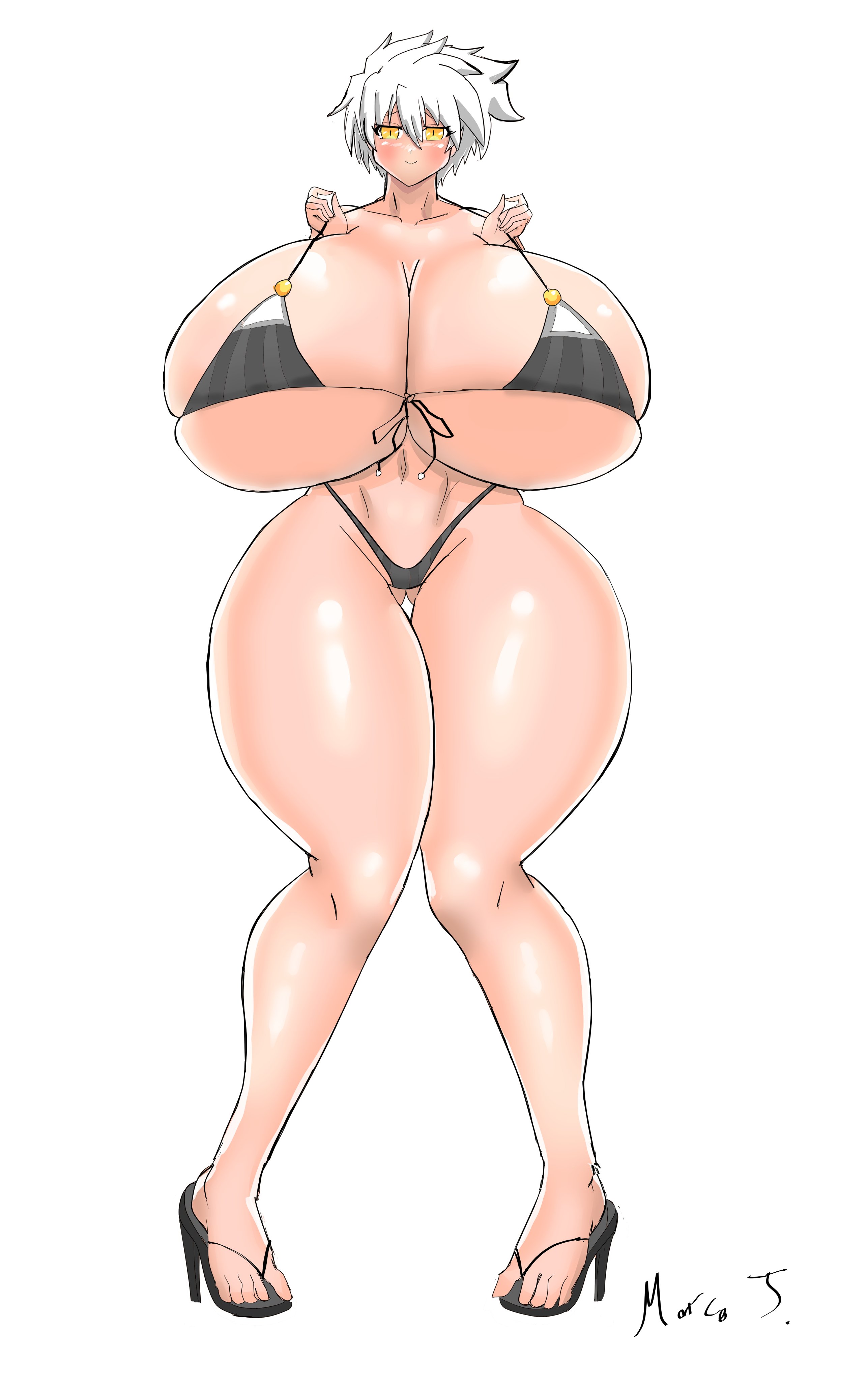 1girls, alternate body type, alternate breast size, big breasts, bikini, blush, breasts, cleavage, collarbone, eyelashes, female, female only, hair between eyes, huge breasts, looking at viewer, marcormen, miyabi (senran kagura), sandals, senran kagura, senran kagura (series), short hair, smile, solo, solo female, standing, string bikini, swimsuit, tagme, thick thighs, voluptuous, white background, white hair, wide hips, yellow eyes