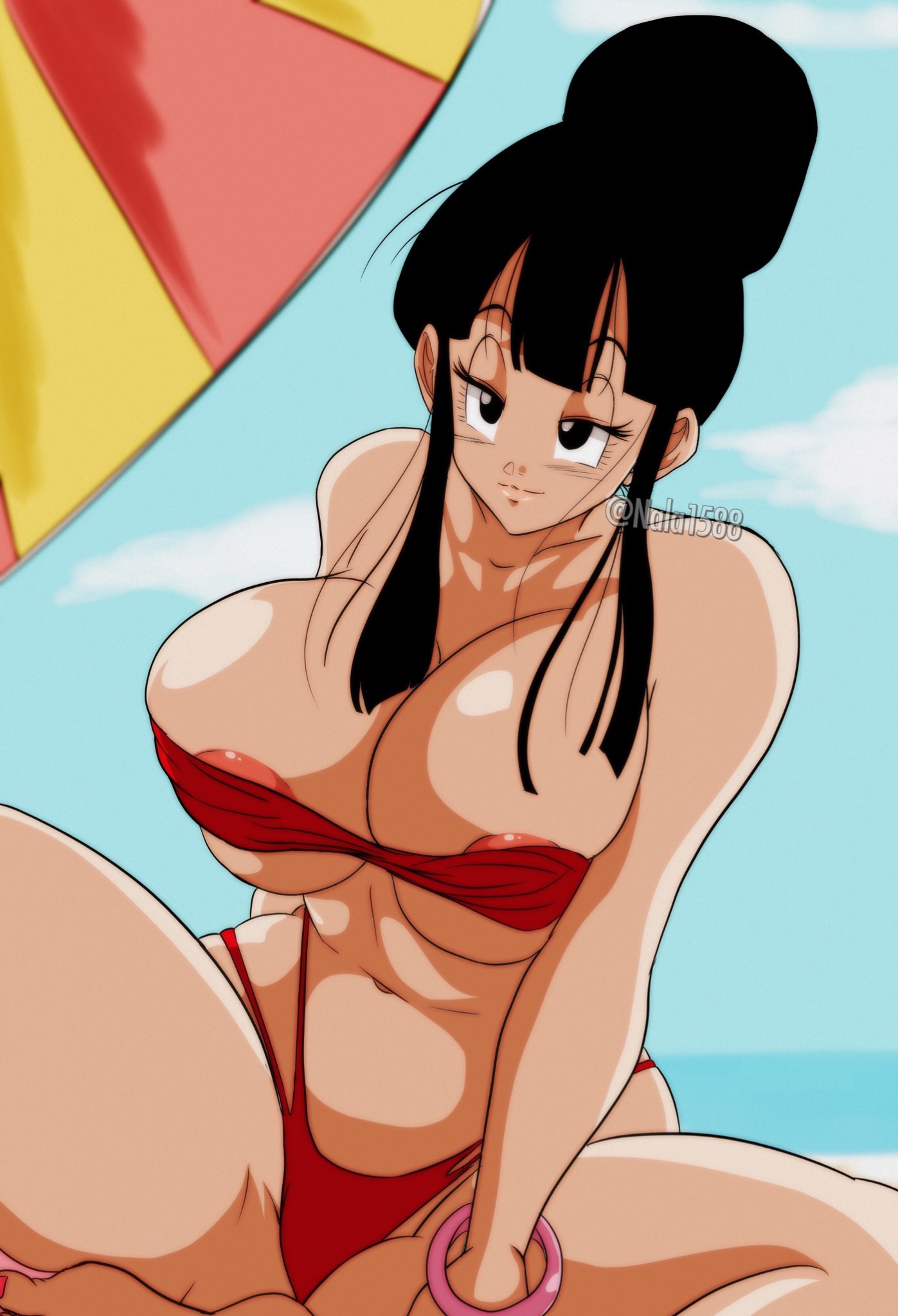 beach, big breasts, bikini, black hair, bracelet, breasts, chichi, dragon ball, dragon ball z, feet, female, huge breasts, legs, nala1588, nipples visible through clothing, seductive smile, shounen jump, solo, thick thighs