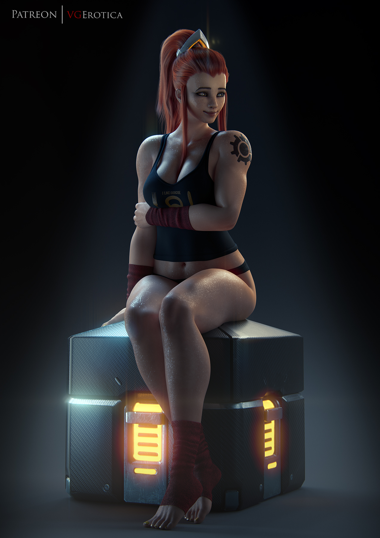 1girls, 3d, big breasts, breasts, brigitte, female, female only, large breasts, lootbox, muscles, muscular, muscular female, overwatch, solo, thick thighs, vgerotica