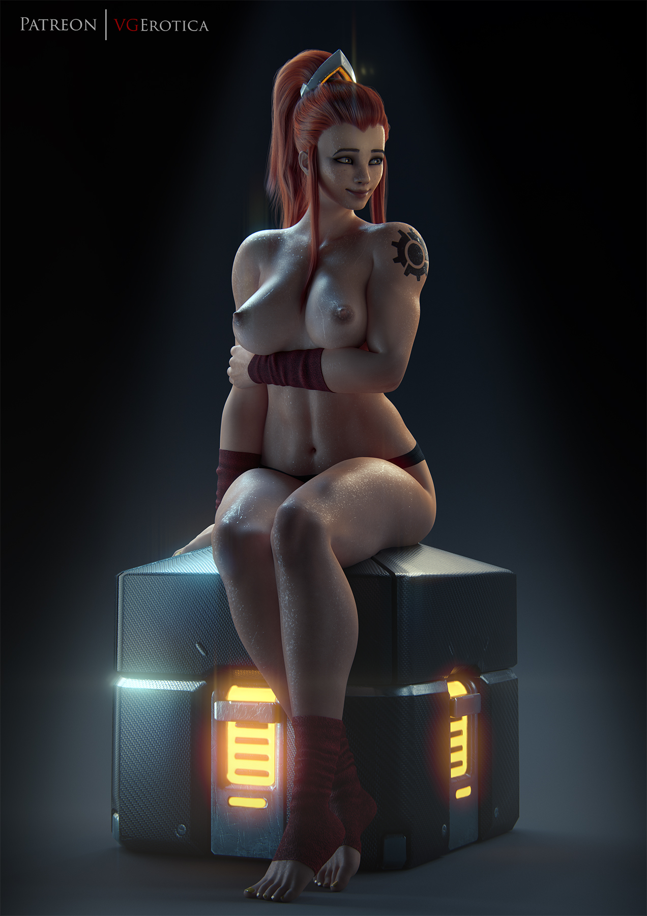 1girls, 3d, areolae, big breasts, breasts, brigitte, female, female only, large breasts, lootbox, muscles, muscular, muscular female, nipples, overwatch, solo, thick thighs, vgerotica