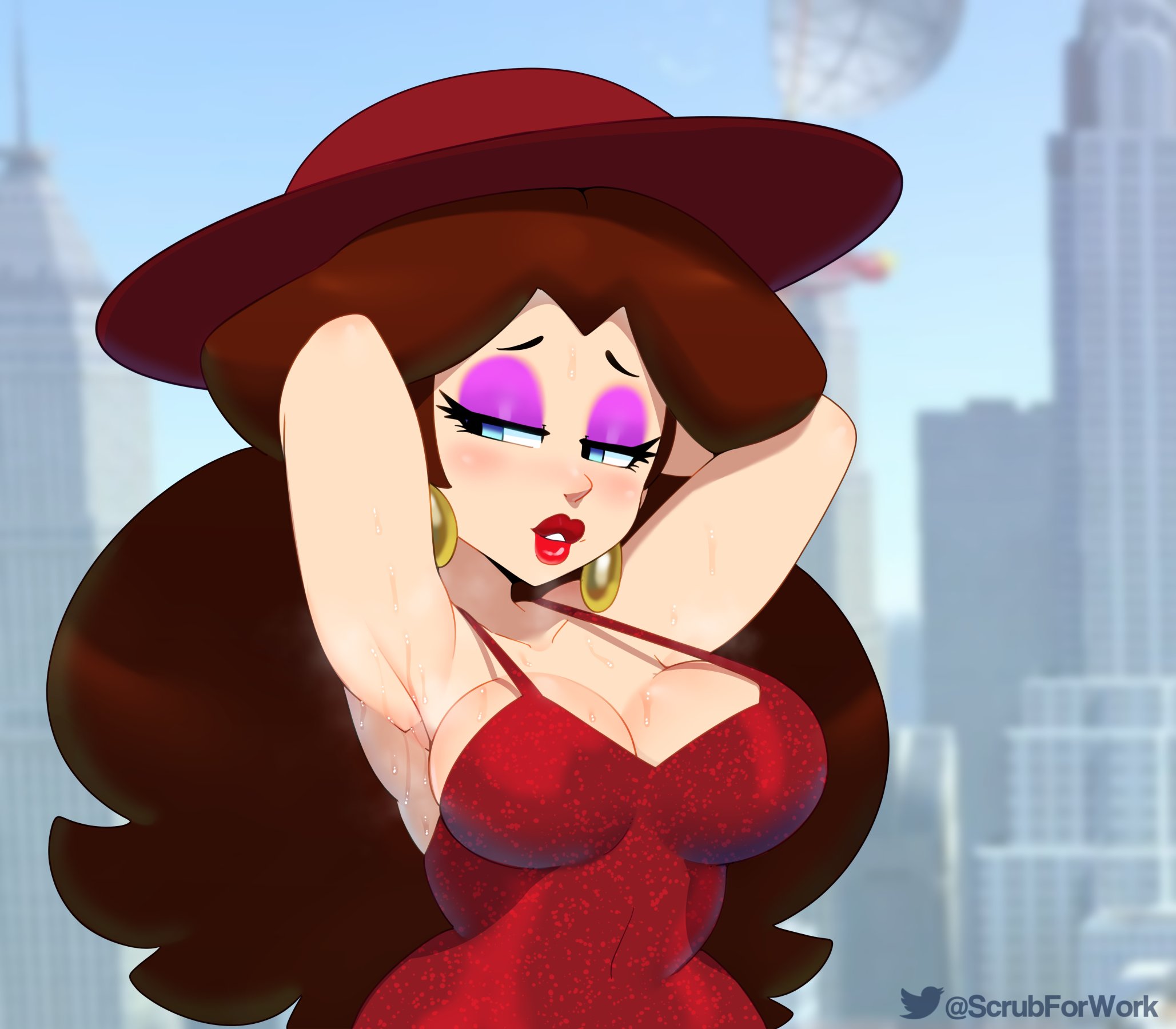 1girls, armpit fetish, armpits, big breasts, breasts, cleavage, dress, earrings, female, female only, large breasts, makeup, mario (series), musk, nintendo, pauline, smell, solo, somescrub, super mario odyssey, sweat, sweaty armpits