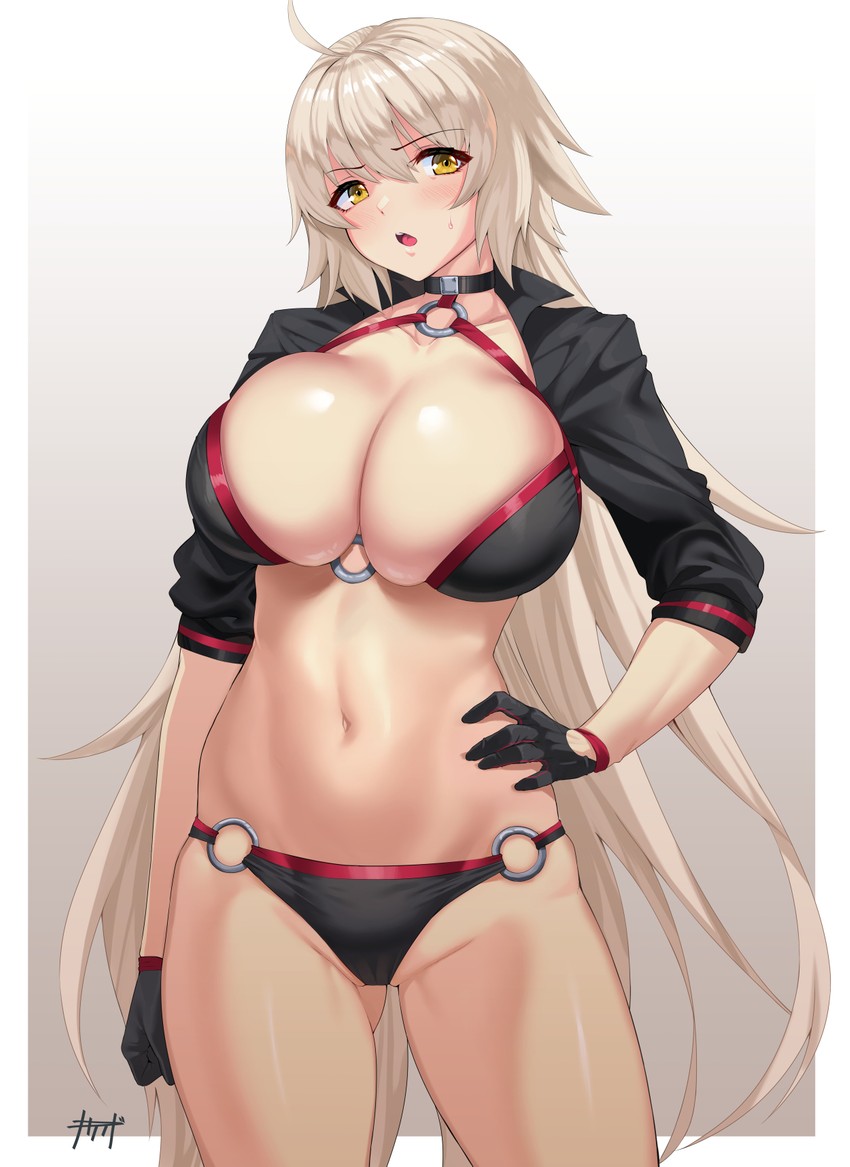 ahoge bikini black_bikini black_choker black_gloves black_jacket breasts choker cleavage cowboy_shot cropped_jacket fate/grand_order fate_(series) female gloves gradient gradient_background highres jacket jeanne_alter jeanne_d'arc_(alter_swimsuit_berserker)_(fate) jeanne_d'arc_(fate)_(all) kisaragi_tsurugi large_breasts long_hair navel o-ring o-ring_bikini o-ring_bottom o-ring_top shiny shiny_skin shrug_(clothing) signature skindentation solo swimsuit very_long_hair white_hair yellow_eyes