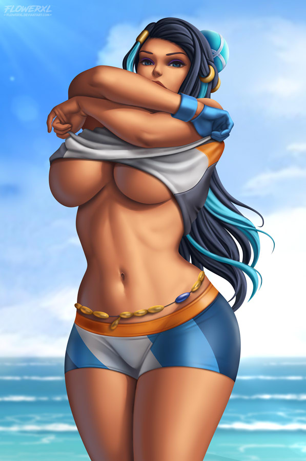 1girls, alternate breast size, belly chain, big breasts, breasts, cleavage, dark skin, dark-skinned female, female, female only, flowerxl, game freak, gym leader, large breasts, nessa (pokemon), nintendo, pokemon, pokemon ss, solo, underboob, voluptuous