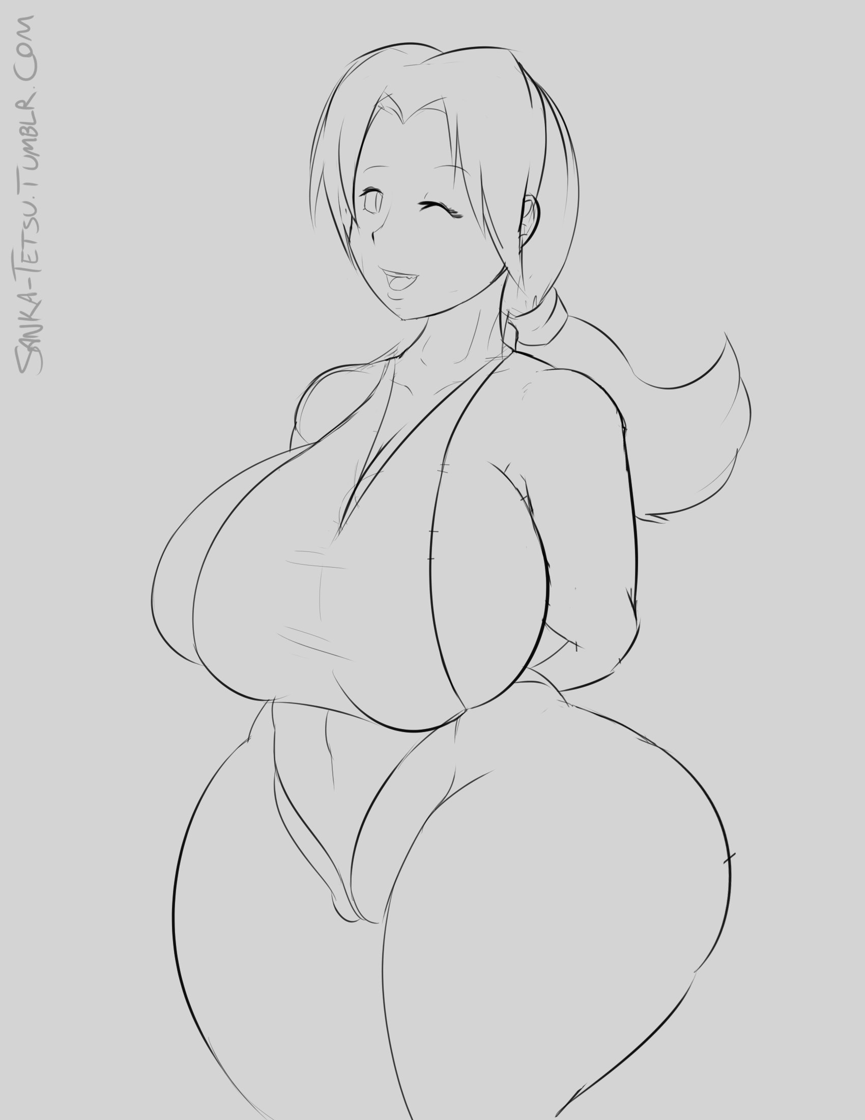 1girls, alternate breast size, arms behind back, breasts, cleavage, delia ketchum (pokemon), female, game freak, grey background, huge breasts, long hair, looking at viewer, mature female, milf, monochrome, nintendo, pokemon, pokemon rgby, ponytail, sanka-tetsu, smile, swimsuit, thick thighs, tight, wide hips, wink