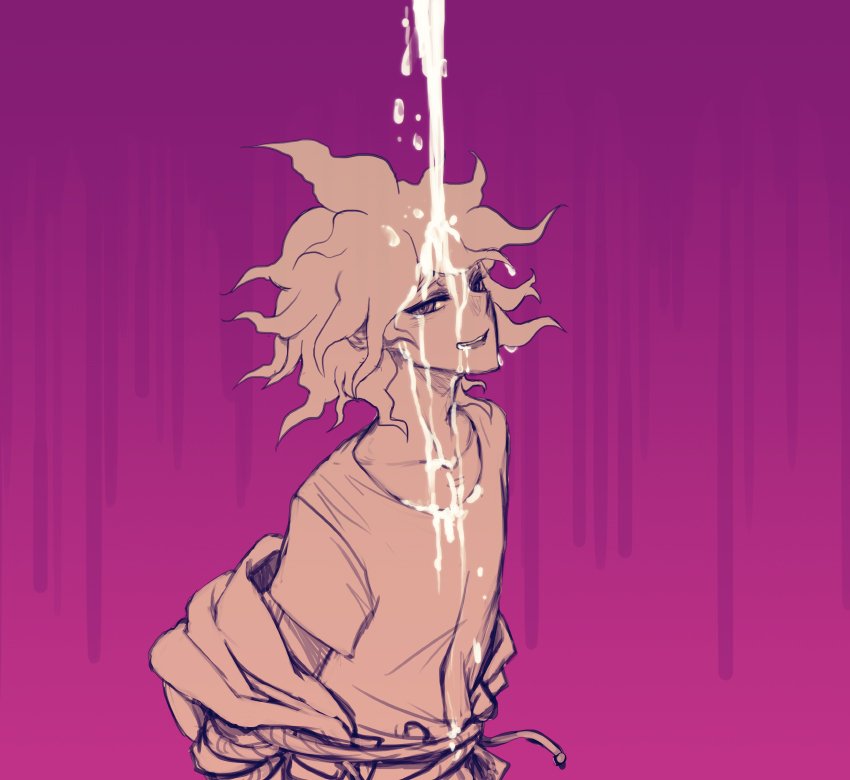 1boy bangs cum cum_on_body cum_on_boy cum_on_clothes danganronpa danganronpa_(series) danganronpa_2:_goodbye_despair facial grin half-closed_eyes looking_at_viewer male male_focus male_only nagito_komaeda open_smile pink_background purple_background restrained rope shirt short_sleeves simple_background smile smooth_skin solo solo_focus suggestive_fluid tied_up upper_body upper_teeth white_shirt yndr4hope