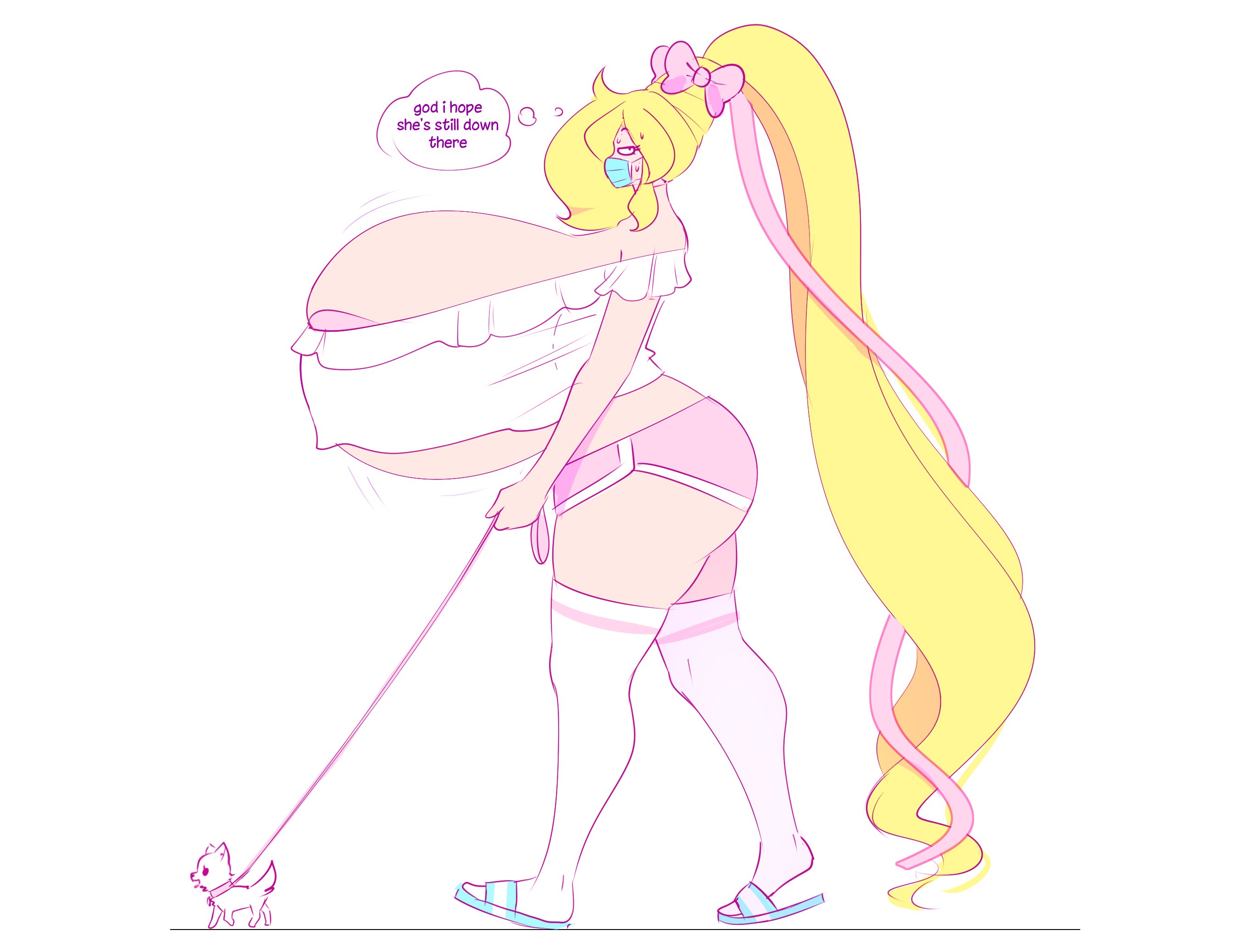 1girls, ass, big ass, big breasts, blonde hair, booty shorts, bow, breasts, cassie (theycallhimcake), cleavage, cute, dog, english text, face mask, fat ass, female, female only, giant breasts, huge breasts, hyper, hyper breasts, inconvenient breasts, long hair, mask, massive breasts, pinup, revealing clothes, sandals, short shorts, shorts, size difference, smile, theycallhimcake, thick thighs, thighhighs, thought bubble, toy dog