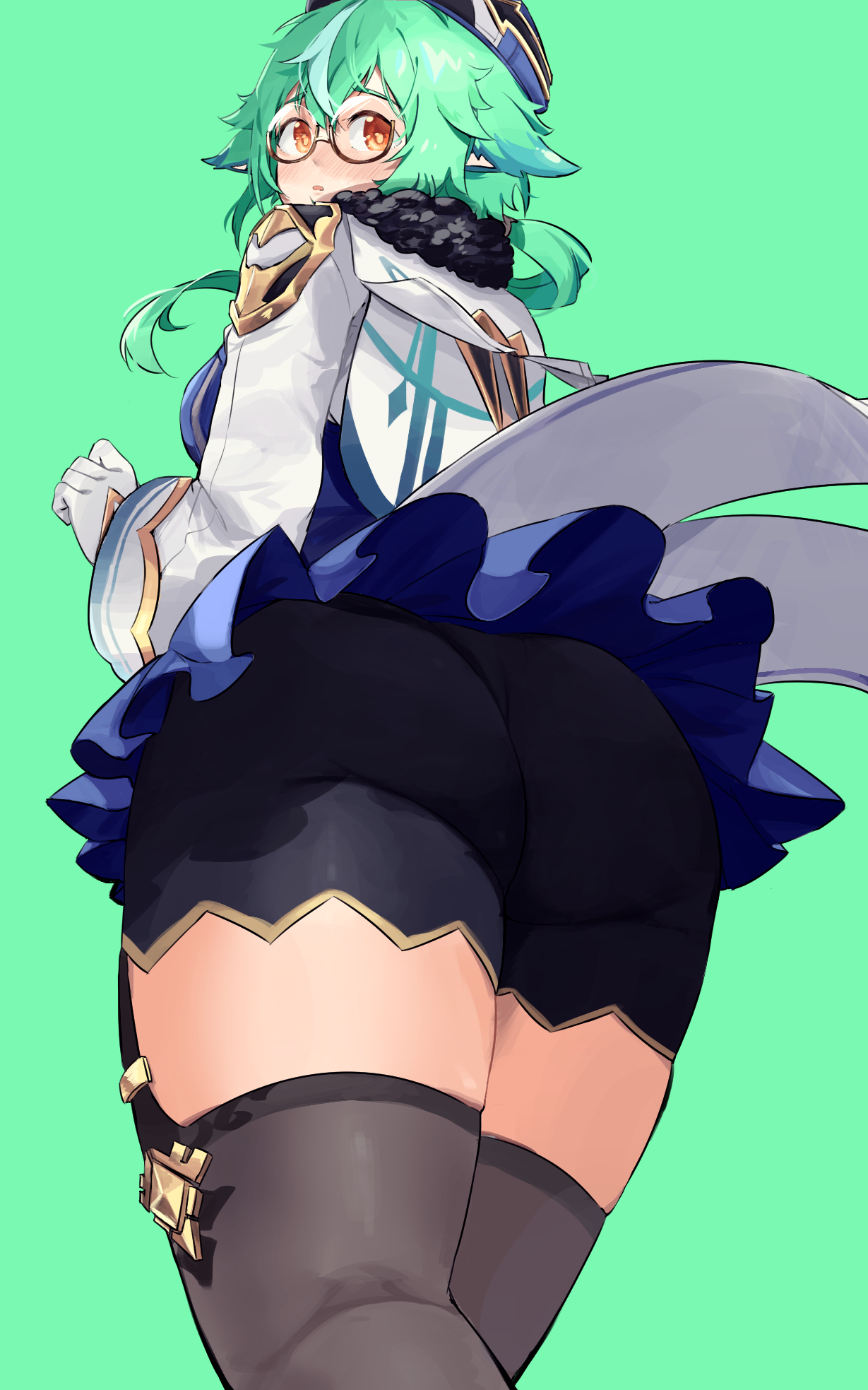 1girls, animal ears, ass, big ass, big butt, female, female only, garter straps, genshin impact, glasses, gloves, green hair, kemonomimi, looking back, miniskirt, okpriko, orange eyes, short skirt, shorts, solo, solo female, sucrose (genshin impact), thick ass, thick thighs, thighhighs, upskirt, yellow eyes
