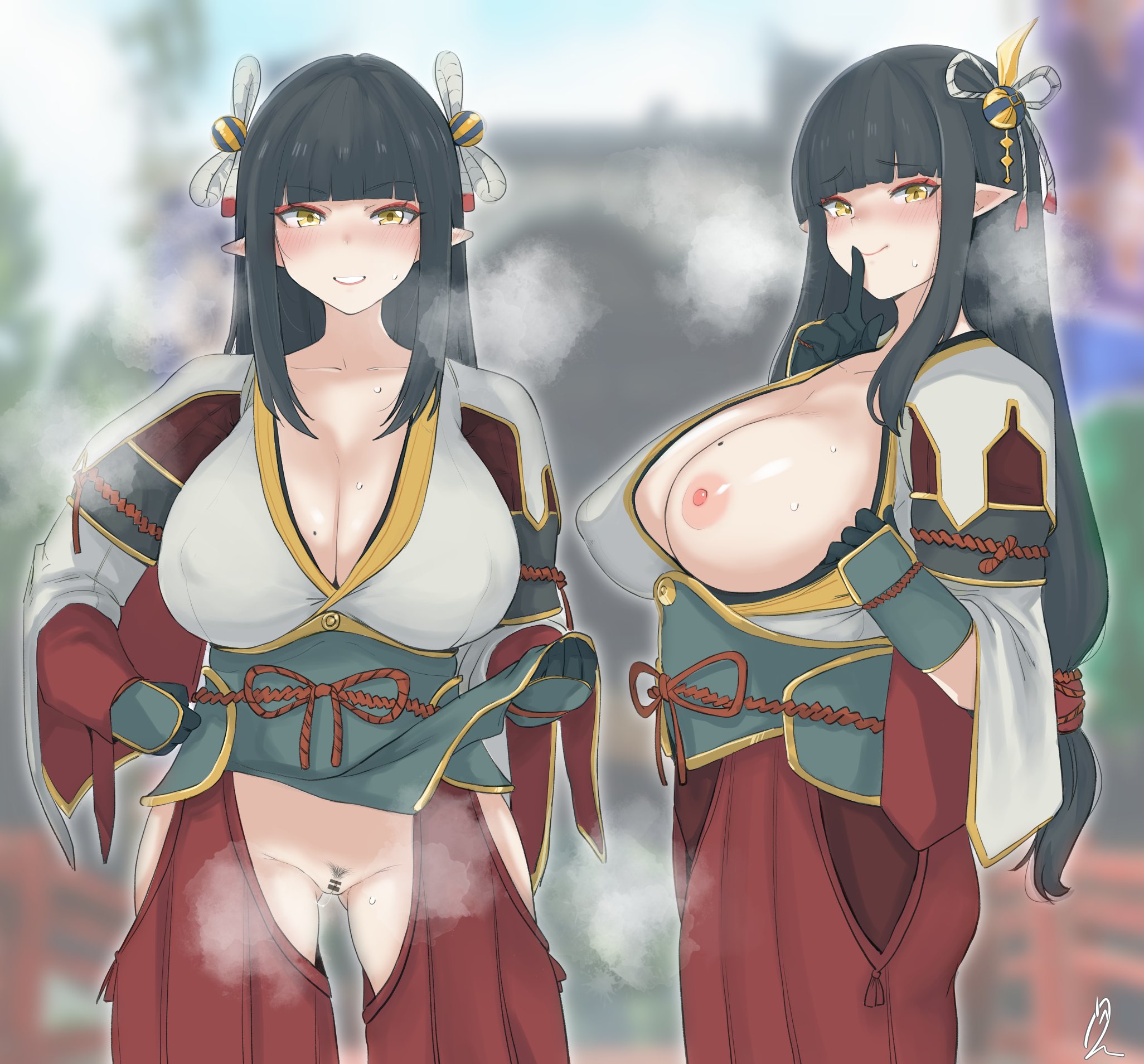 2girls, areolae, berserkert, breasts, censored, cleavage, exhibitionism, female, finger to mouth, gauntlets, hair ornament, hakama, highres, hime cut, hinoa, japanese clothes, kimono, kimono pull, large breasts, looking at viewer, miko, minoto, mole, mole on breast, monster hunter, monster hunter (series), monster hunter rise, multiple females, multiple girls, nipples, no bra, no panties, one breast out, pointy ears, presenting breasts, presenting pussy, pubic hair, pussy, rope belt, shushing, sisters, steaming body, twins, wyverian, yellow eyes