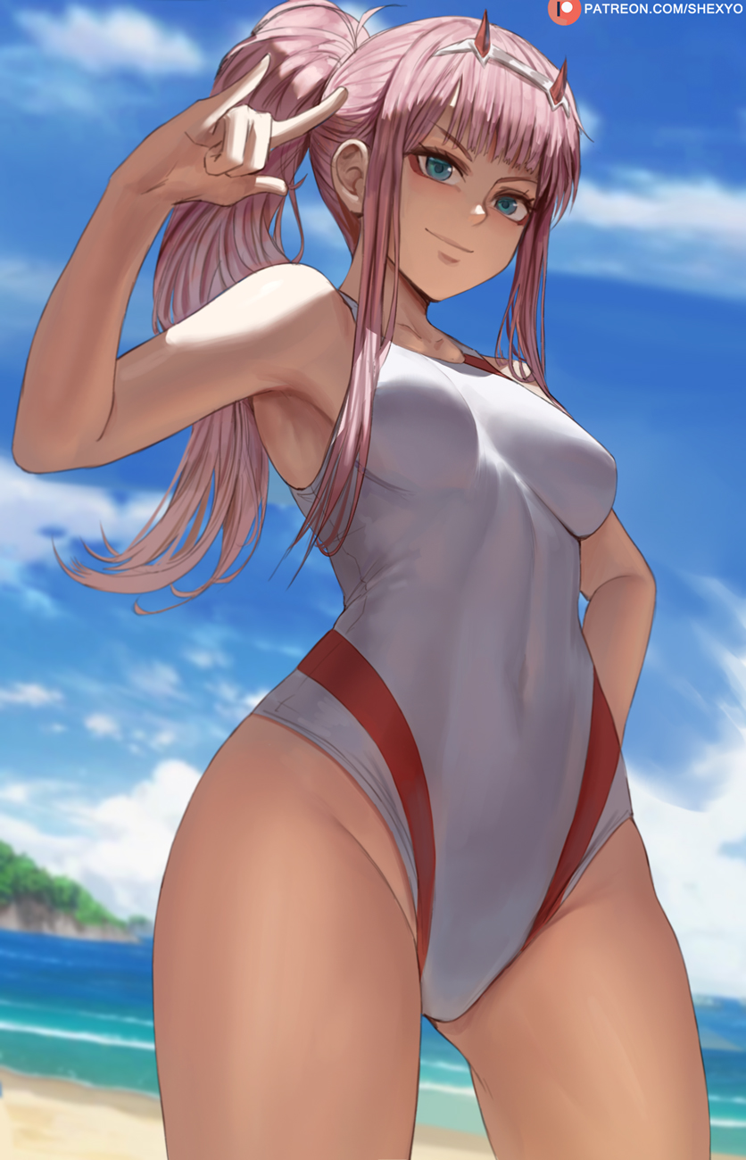 1girls, beach, breasts, darling in the franxx, female, one-piece swimsuit, outdoors, pink hair, ponytail, shexyo, solo, standing, swimsuit, zero two (darling in the franxx)