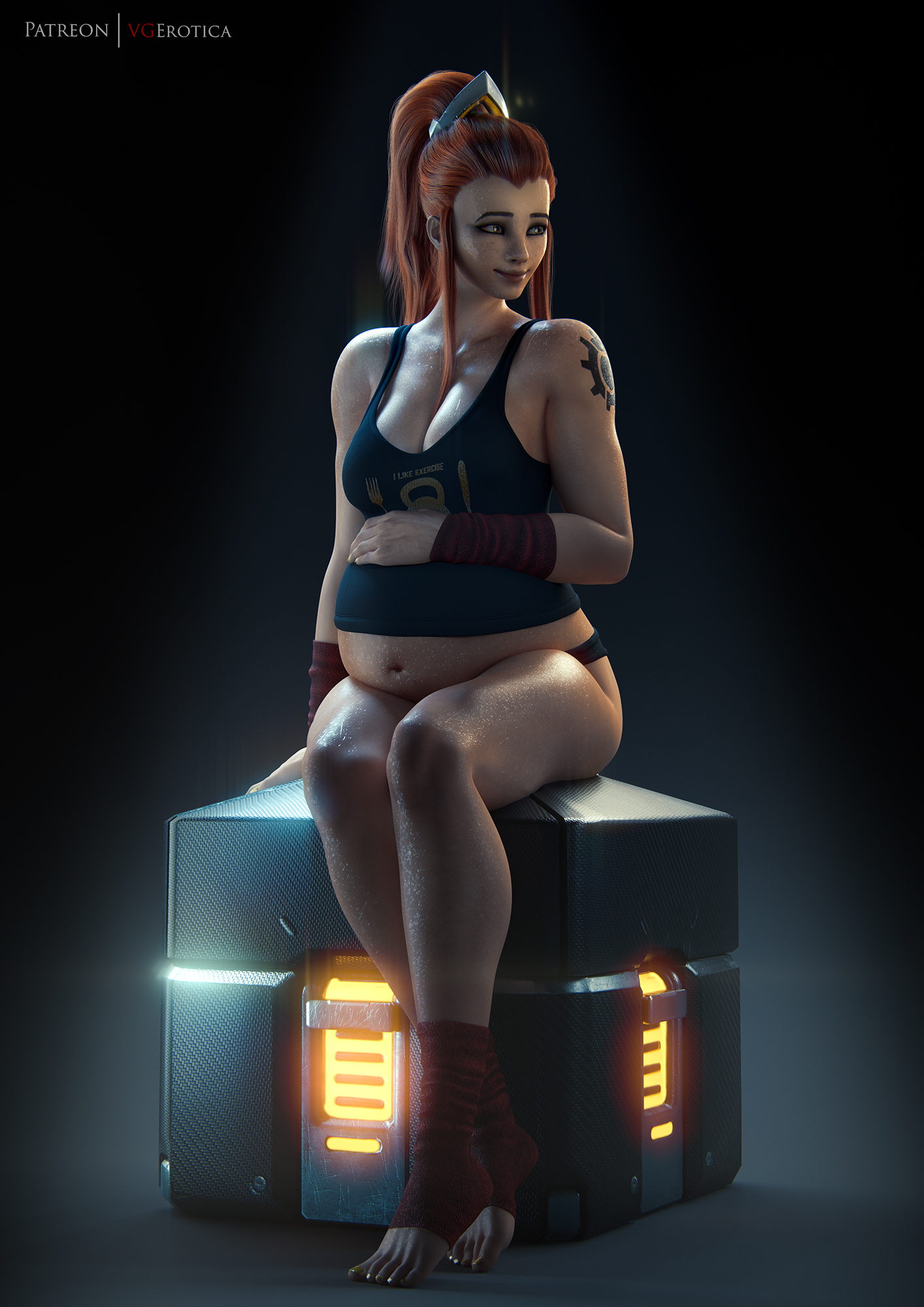 1girls, 3d, big breasts, breasts, brigitte, cleavage, female, female only, huge belly, large breasts, lootbox, muscles, muscular, muscular female, overwatch, pregnant, ready to pop, solo, thick thighs, vgerotica