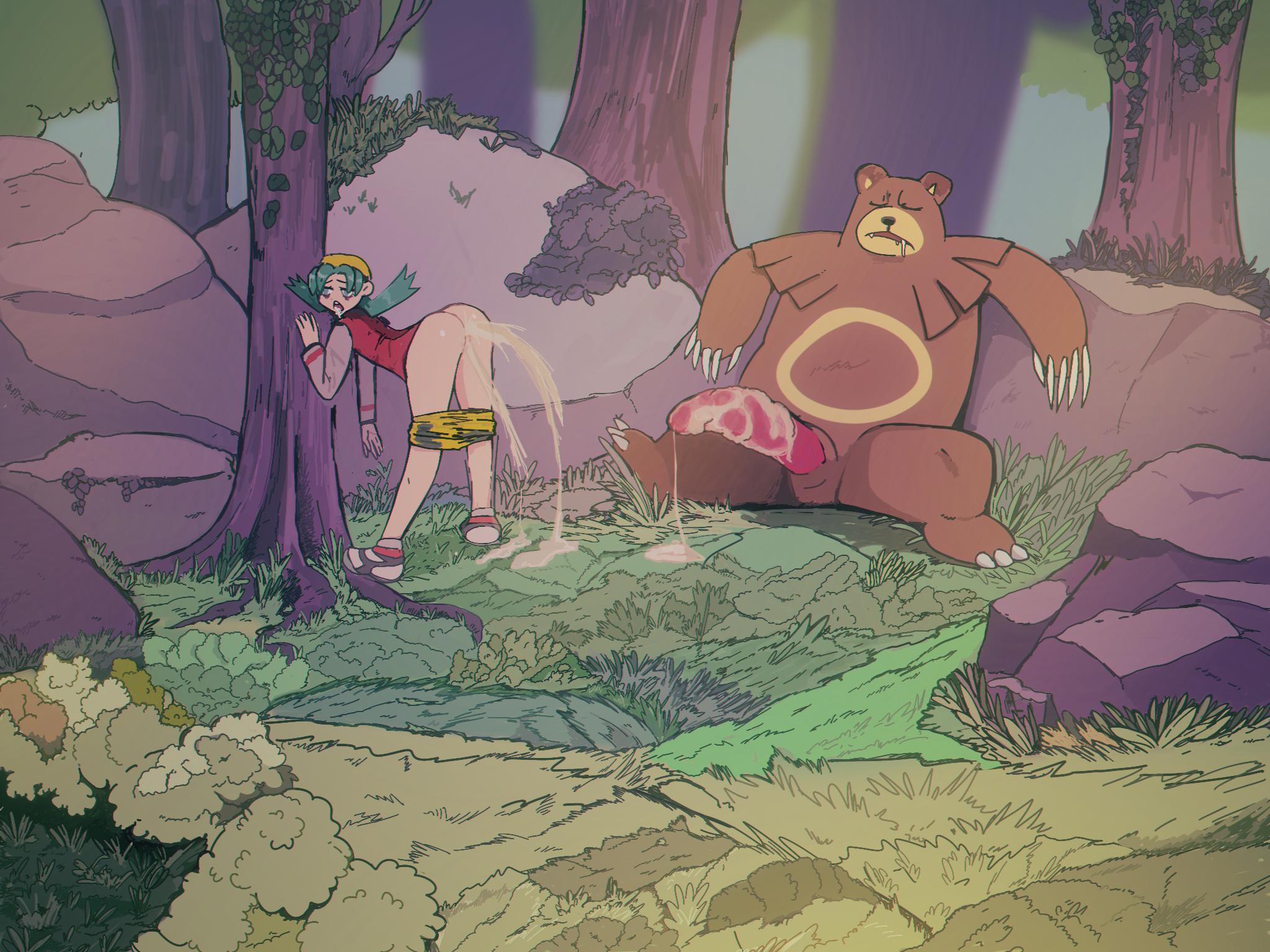 1boy, 1girls, after sex, animal penis, ass, closed eyes, cum, cum drip, cum fountain, cum in ass, cum in pussy, cum inside, cum on penis, cum overflow, detailed background, drooling, female, forest, green eyes, green hair, hi res, human, interspecies, kris (pokemon), leaning forward, long penis, male, male pokemon/female human, nintendo, open mouth, penis, pokémon (species), pokemon, pokemon (species), pokephilia, pussy, shorts down, sitting, ursaring, wolfgang bang, year request