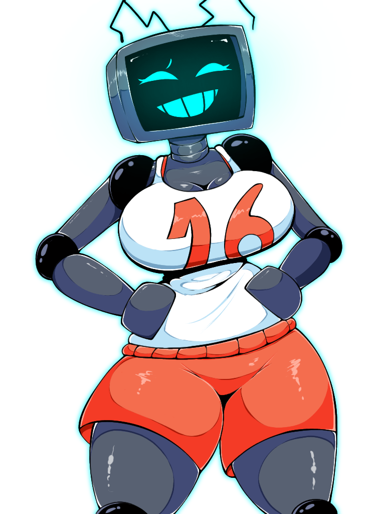 antenna_hair basketball_uniform big_breasts blue_eyes curvy female female_only friday_night_funkin happy hex_(yingyang48) hourglass_figure monitor robot robot_girl rule_63 screen_face shorts smiling thick_thighs