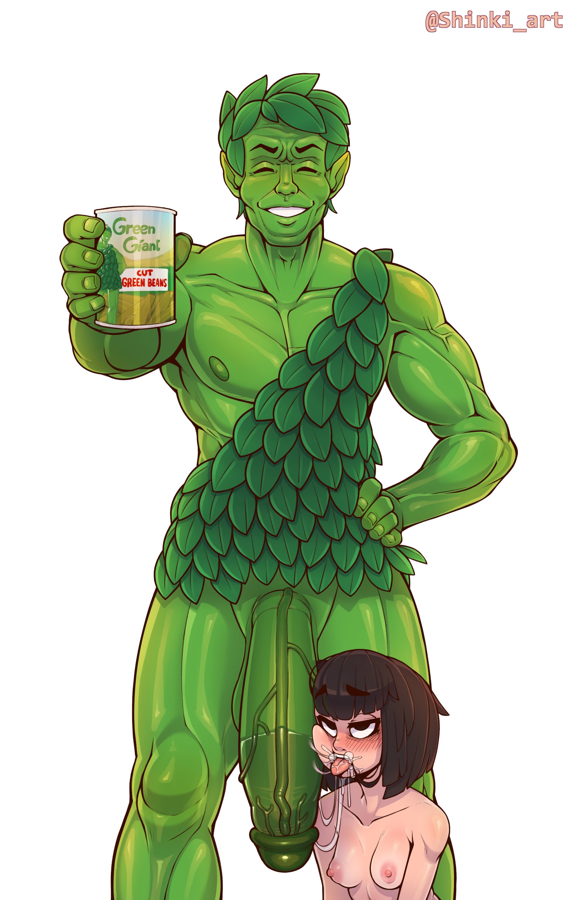 1boy, after fellatio, big penis, breasts, female, glans, green body, green giant, green glans, green hair, green nipples, green skin, male, male/female, mascot, muscular, muscular male, nipples, penis, saliva, saliva bubble, saliva on penis, saliva string, shinki (artist), simple background, tongue, tongue out, what