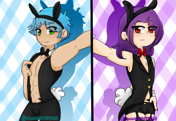 2boys blue_hair bon_(fnafhs) bonnie_(fnafhs) bunny_costume bunny_ears bunny_tail bunnysuit femboy fhs fhsz3r0 fnafhs fnafhs_z3ro green_eyes purple_hair red_eyes