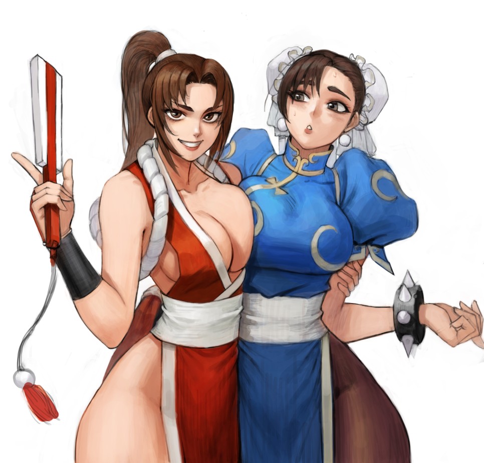 2d 2girls bangs bare_legs bare_shoulders black_hair bracelet breast_press breasts brown_eyes brown_hair bun_cover capcom carcass_(artist) china_dress chinese_clothes chun-li cleavage crossover death_battle double_bun dress earrings fan fatal_fury female female_only folding_fan holding holding_fan human japanese_clothes jewelry king_of_fighters large_breasts long_hair mai_shiranui matching_hair/eyes multiple_girls ninja no_bra open_mouth pantyhose pelvic_curtain ponytail rope sash sideboob smile spiked_bracelet spikes street_fighter thighs thunder_thighs tied_hair white_sash