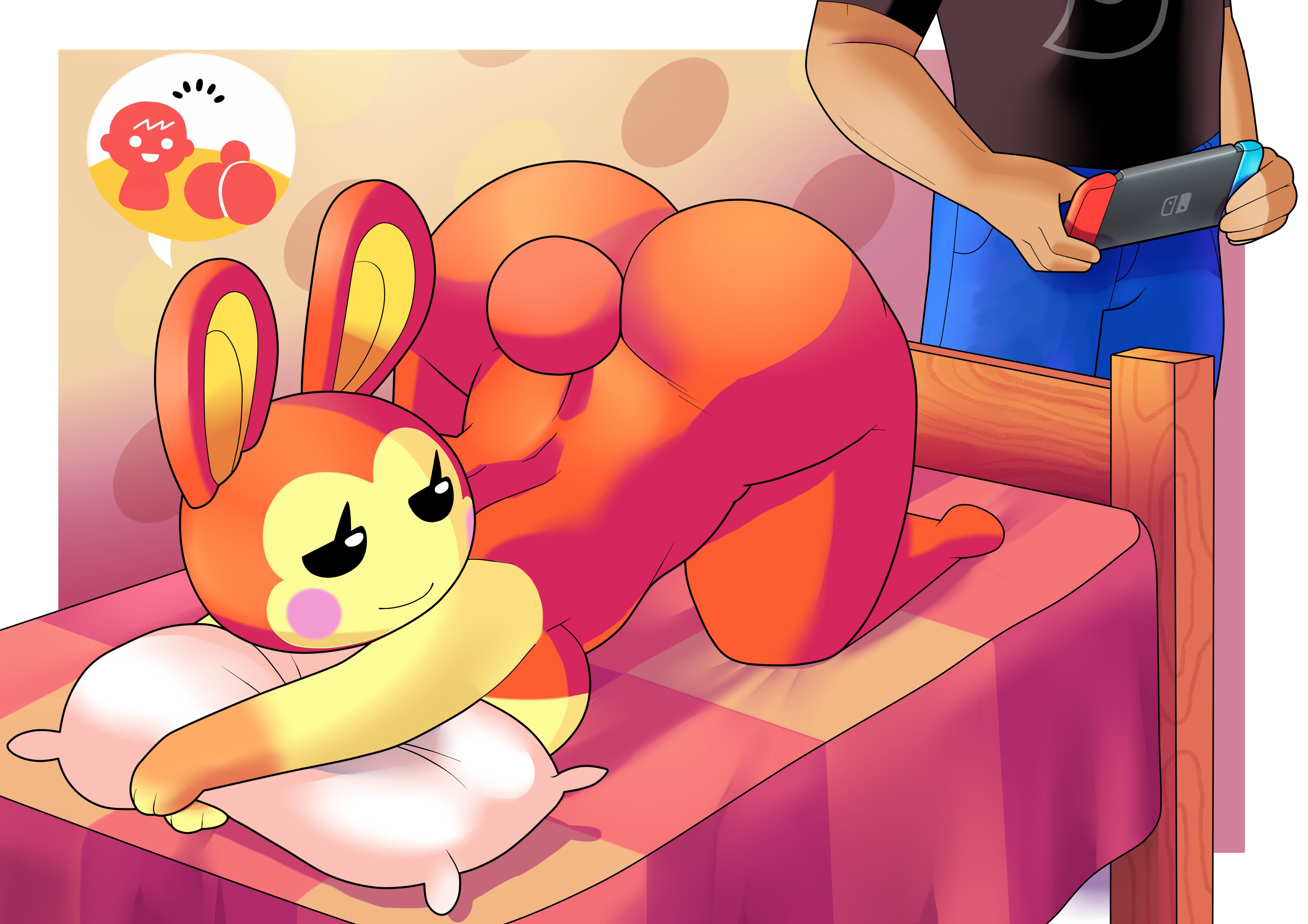 1boy, 1girls, 2021, absurd res, absurdres, aerth, animal crossing, anthro, ass, back muscles, bed, bedroom, big ass, big breasts, big butt, bottom heavy, breasts, bubble ass, bubble butt, bunnie (animal crossing), bunny ears, bunny girl, bunny tail, cheek spots, clothed, clothed male, clothed male nude female, clothing, curvy, curvy body, curvy female, curvy figure, dark skin, dark-skinned male, doggy style, duo, faceless male, female, furry, hi res, high resolution, highres, inviting, lying, lying on bed, male, muscles, nintendo, nintendo switch, nude, nude female, on all fours, on bed, on fours, pillow, pillow hug, red body, red fur, round ass, round butt, simple background, thick thighs, voluptuous, wide hips