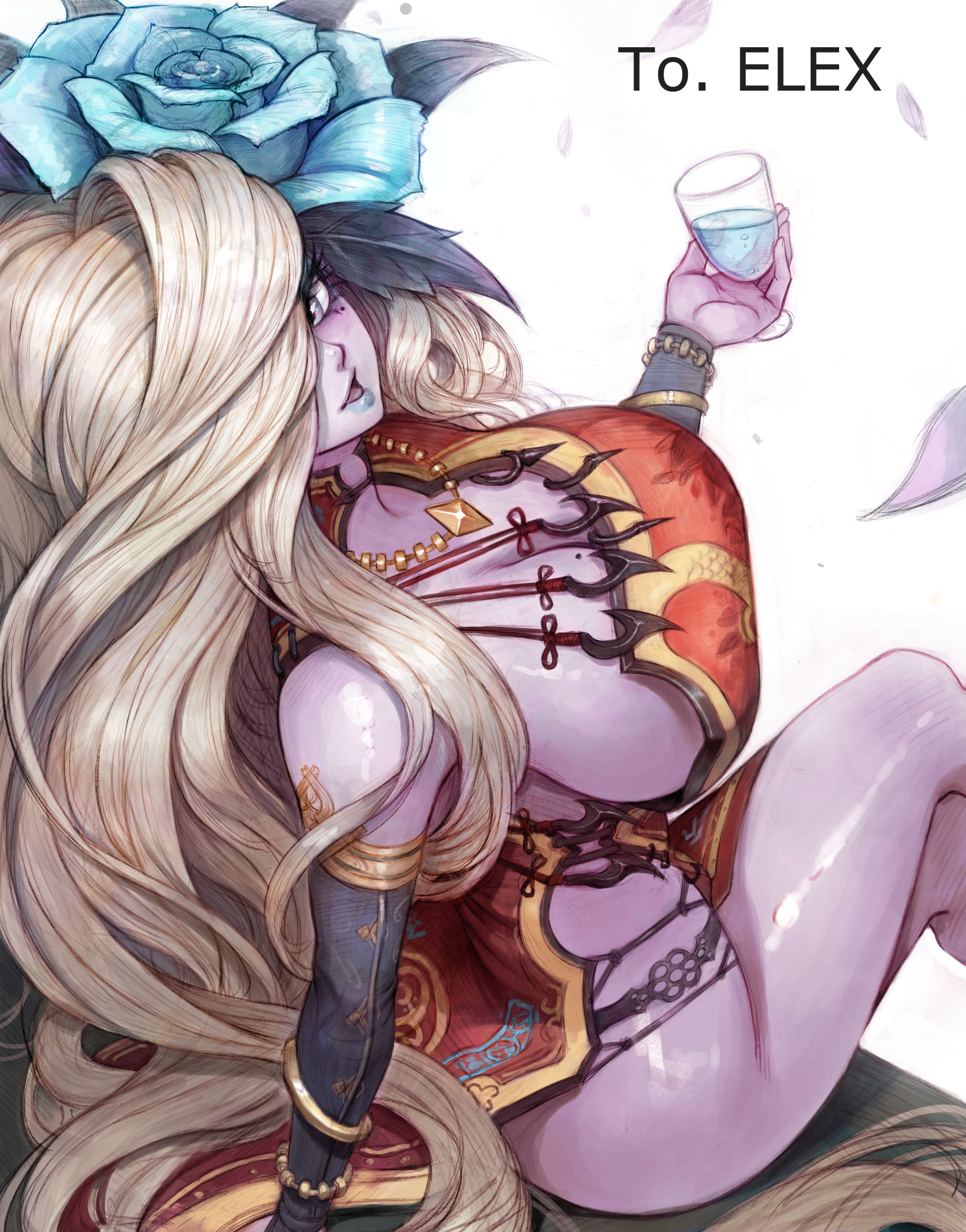 2d, absurdres, bangs, bare shoulders, blonde hair, blue flower, blue lips, breasts, carcass (artist), cleavage, colored skin, cup, drink, drinking glass, dungeon and fighter, dungeon fighter online, english text, eyelashes, female, flower, hair between eyes, hair over one eye, highres, huge breasts, jewelry, large breasts, legs crossed, lipstick, long hair, looking back, makeup, open mouth, pelvic curtain, petals, purple skin, sharan (dungeon and fighter), simple background, sitting, sitting on object, smile, solo, thick thighs, thighs, white background, wine glass