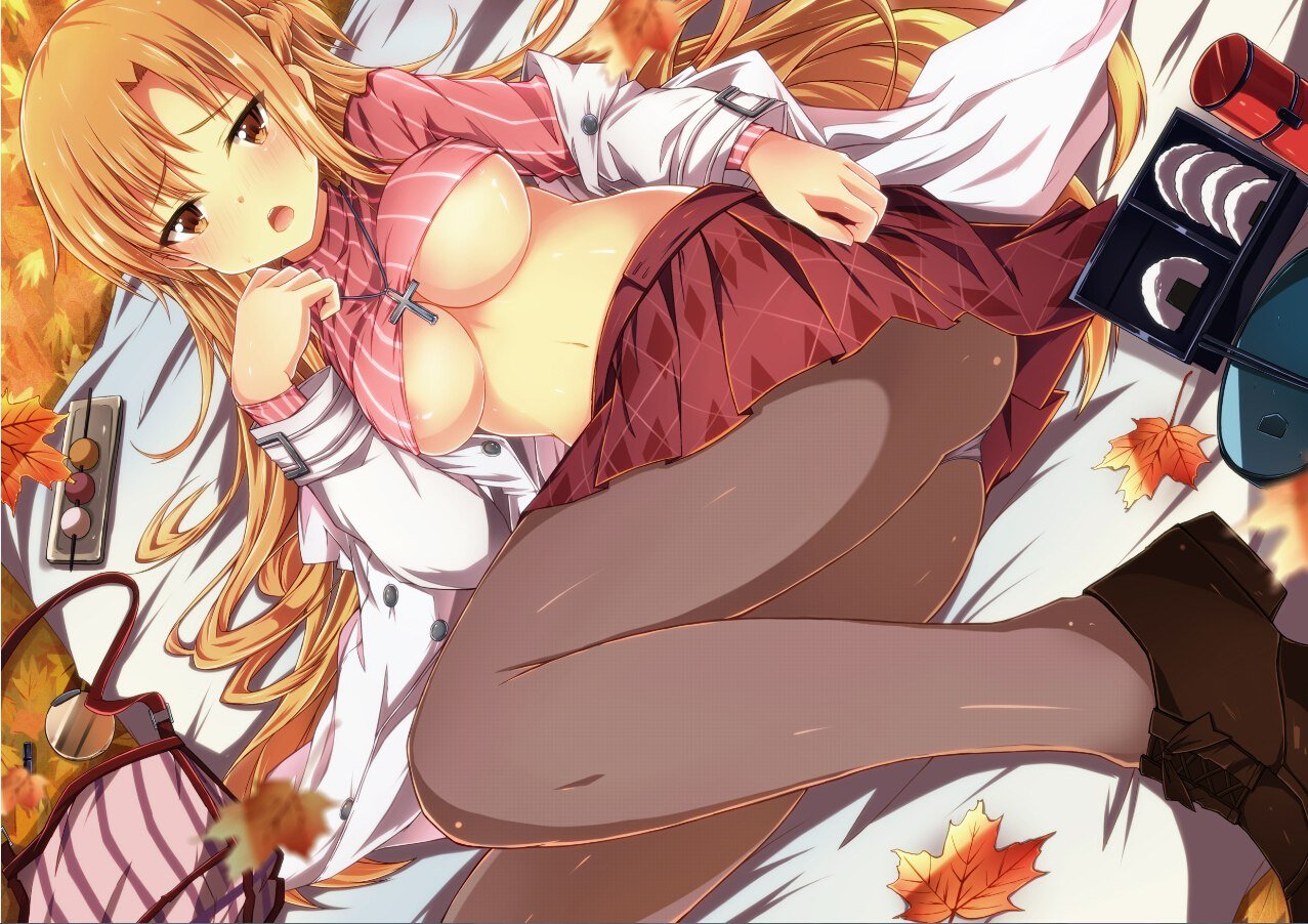 big breasts, breasts, female, horny, miniskirt, naked, open mouth, pantsu, sword art online, tights, yuuki asuna